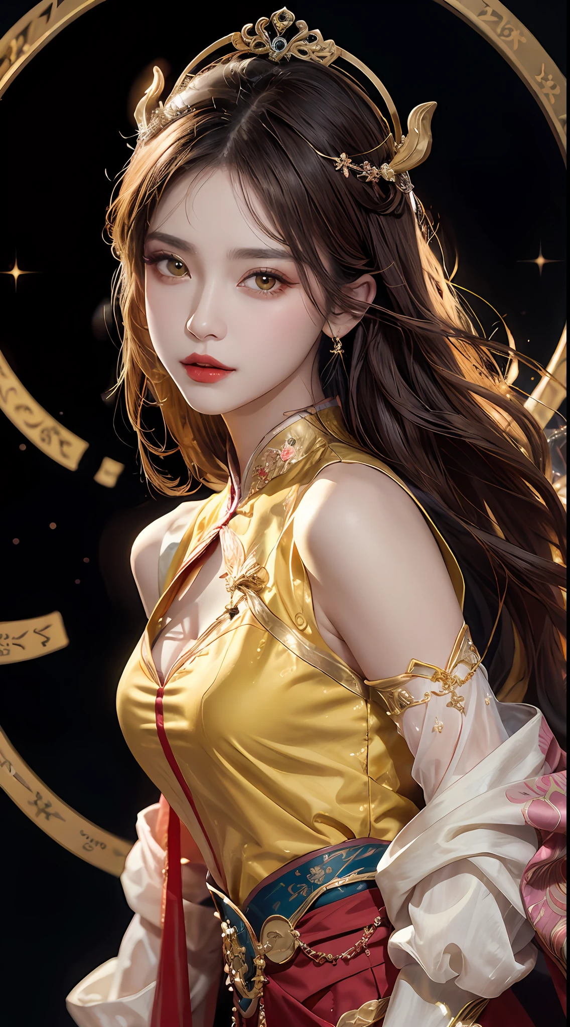 1 27-year-old girl, 1 zodiac goddess from the future, goddess of the pink and purple 12 zodiacs, the goddess of the zodiac in a yellow ao dai, a 12 zodiac ao dai with many black lace detail, mythology Goddess of the 12 zodiacs from the future, zodiac ♏, luxurious glittering zodiac style, dark and mysterious version, zodiac crown, lipstick lips red, thin and beautiful lips, Smile makes viewers fall in love, characters made by karol bak and pino daeni, intricate detail, detailed background, extremely detailed, light magic, a woman, clear face, look at the face of goddess zodialook at the zodiac goddess face, hair long with bangs, beautiful face in detail and well-proportioned eyes, (transparent yellow eyes: 1.8), big round eyes and very beautiful and detailed makeup, foresight, silk dress, mysterious makeup, double bangs and dyed light blonde, uper body, zodiac goddess uper body, arms hanging loosely, Realistic and vivid photo, (stars make up the zodiac: 1.7), (sky background zodiac and fictitious space and time portal: 1.8), fiction art, RAW photo, hanfu picture, best photo, best photo quality, 8k quality, 8k ultra, super realistic, real photo most economical, artistic portrait of goddess zodiac,