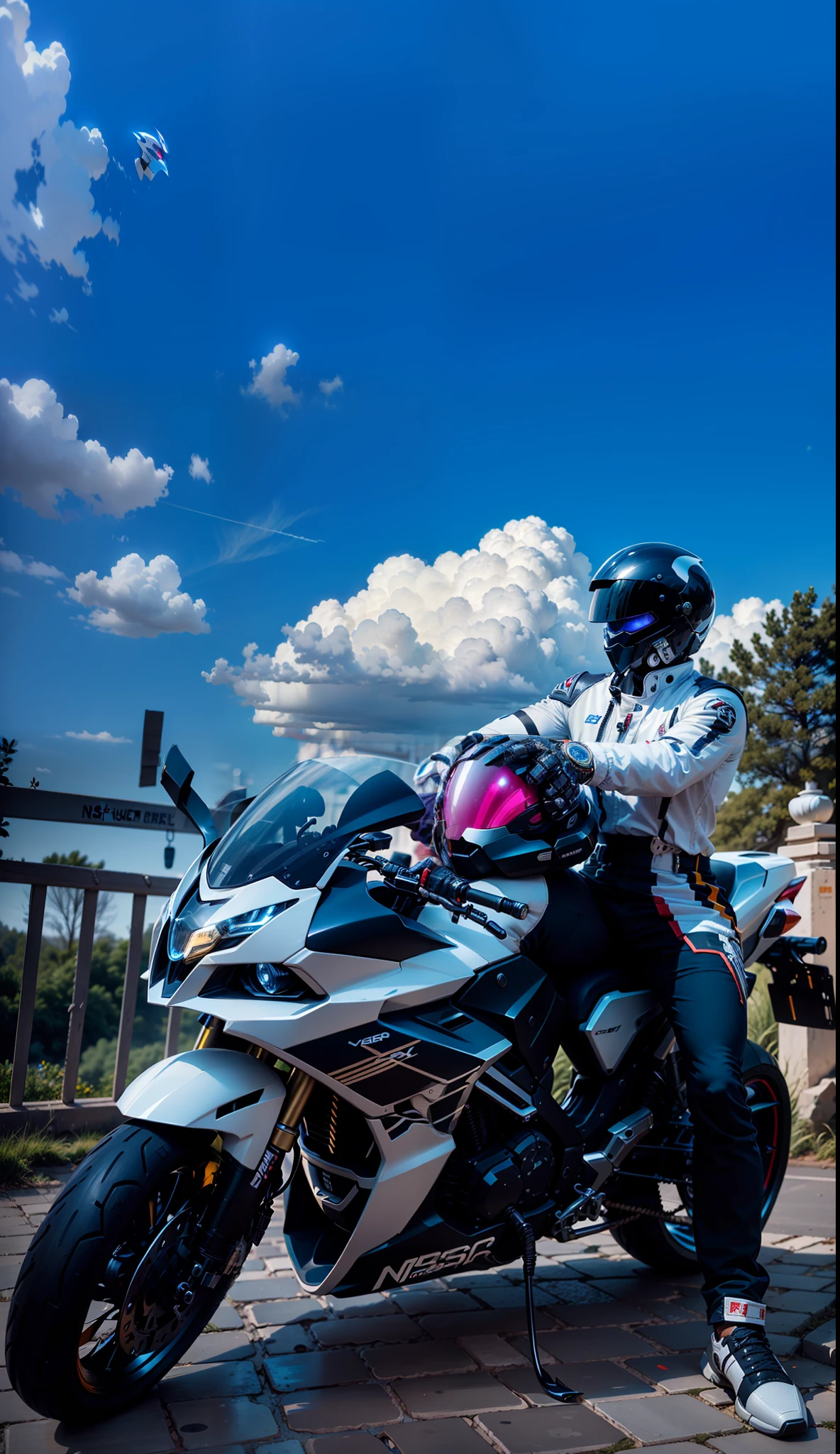Brave Cyber Mechanical Male Warrior and Cyber Mechanical Motorcycle, Nousr, Biomechanics, MSHN Robot Man, high-tech helmet, surreal, steel, intricate design, crazy details, fine details, extremely clear lines, cinematic lighting, photo realism, detailed masterpiece