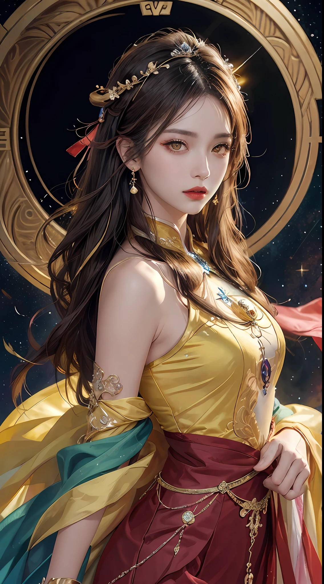 1 27-year-old girl, 1 zodiac goddess from the future, goddess of the pink and purple 12 zodiacs, the goddess of the zodiac in a yellow ao dai, a 12 zodiac ao dai with many black lace detail, mythology Goddess of the 12 zodiacs from the future, zodiac ♏, luxurious glittering zodiac style, dark and mysterious version, zodiac crown, lipstick lips red, thin and beautiful lips, Smile makes viewers fall in love, characters made by karol bak and pino daeni, intricate detail, detailed background, extremely detailed, light magic, a woman, clear face, look at the face of goddess zodialook at the zodiac goddess face, hair long with bangs, beautiful face in detail and well-proportioned eyes, (transparent yellow eyes: 1.8), big round eyes and very beautiful and detailed makeup, foresight, silk dress, mysterious makeup, double bangs and dyed light blonde, uper body, zodiac goddess uper body, arms hanging loosely, Realistic and vivid photo, (stars make up the zodiac: 1.7), (sky background zodiac and fictitious space and time portal: 1.8), fiction art, RAW photo, hanfu picture, best photo, best photo quality, 8k quality, 8k ultra, super realistic, real photo most economical, artistic portrait of goddess zodiac,