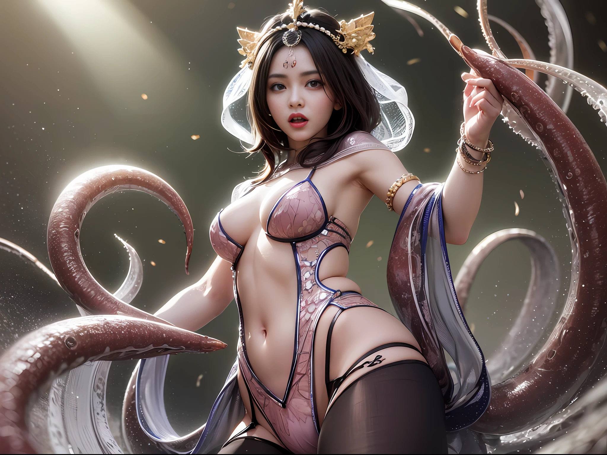 ((Hyperrealistic, Photorealistic, 8K, Complex Detail)), {{(Full Body) Geisha Girl}}, {{Anatomically Unbroken Body: 1.5}}, {{In a dark cave, a light hits a person and the body emerges}}, {{Beautiful girl attacked by countless tentacles: 1.5}}}, {Attractive Beauty: 1.5}}, {Tentacles:1.5}}、{{ Countless tentacles entangled in chest: 1.5}}, {{Countless tentacles entangled in crotch: 1.5}}, (lip gloss, long eyelashes, glossy face, glossy skin), best quality, ultra high resolution, depth of field, chromatic aberration, caustics, broadlight, natural shading, Jpop idol, rich expression, confused face, open mouth, wide open, highlight crotch cleft, pubic hair, {{ See-through High Leg: 1.5}, Low Angle, Brown Hair, Princess Cut, Medium Hair, Align Bangs, Action