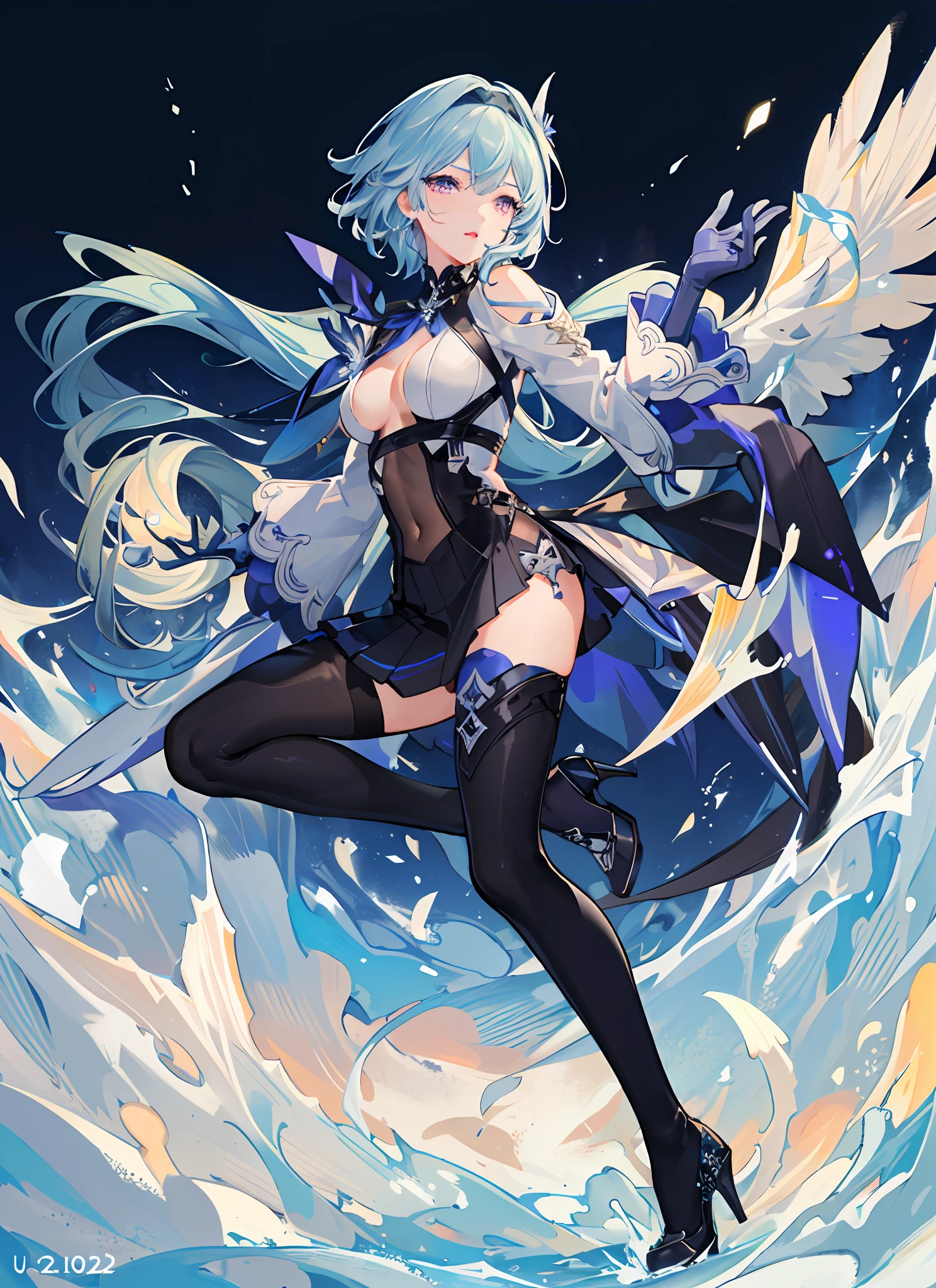 NSFW, (Masterpiece, Best Quality:1.2), Absurd, (Traditional Media:1.2), (2D:1.2), (Center:1.3), Illustration, skirt_tail, Highly Detailed, (Ultra Detailed), High Heels, (Solo), Beautiful, (Detailed Eyes, Detailed Face:1.2), Beautiful, Lips, Shiny, Dynamic Pose, Various Colors, Depth of Field, Purple Eyes, Noble Temperament, White Tights,