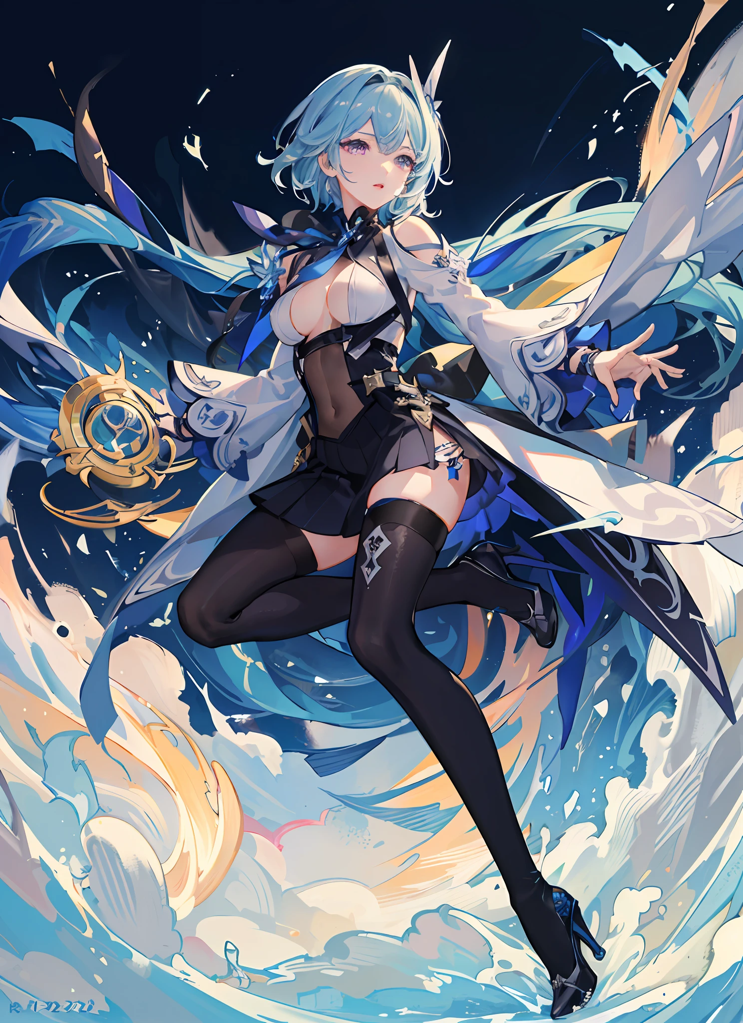 NSFW, (Masterpiece, Best Quality:1.2), Absurd, (Traditional Media:1.2), (2D:1.2), (Center:1.3), Illustration, skirt_tail, Highly Detailed, (Ultra Detailed), High Heels, (Solo), Beautiful, (Detailed Eyes, Detailed Face:1.2), Beautiful, Lips, Shiny, Dynamic Pose, Various Colors, Depth of Field, Purple Eyes, Noble Temperament, White Tights,