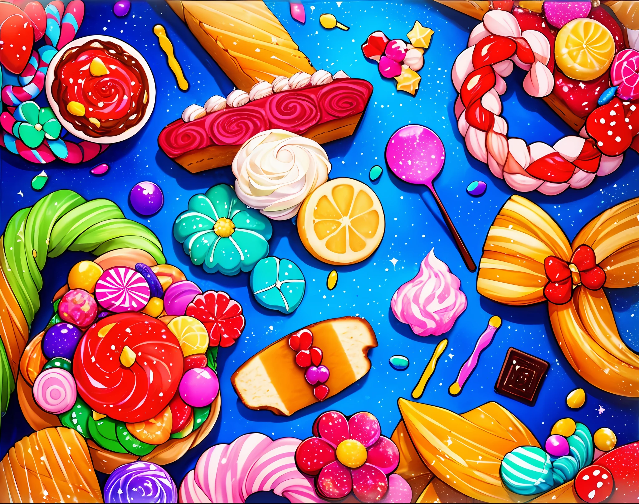 (masterpiece, highest quality), high resolution, manga, (2d), (traditional media: 1.2), dynamic, portrait, retro art style, colorful background, delicious drizzle cake ro_g_ art by (oowack), elegant, curvaceous, appliqué, candy trim, bubblegum, blush, snack, chocolate bar, [fruit], high detail illustration, line art, Space art, honey and syrup pool, [confetti], ice cream, candy_hair_ornament, wrapped candy, sweet, fluffy capelet, ruffles, cute fantasy, shiny, cinematic lighting: 1.1, landscape, (glaze),