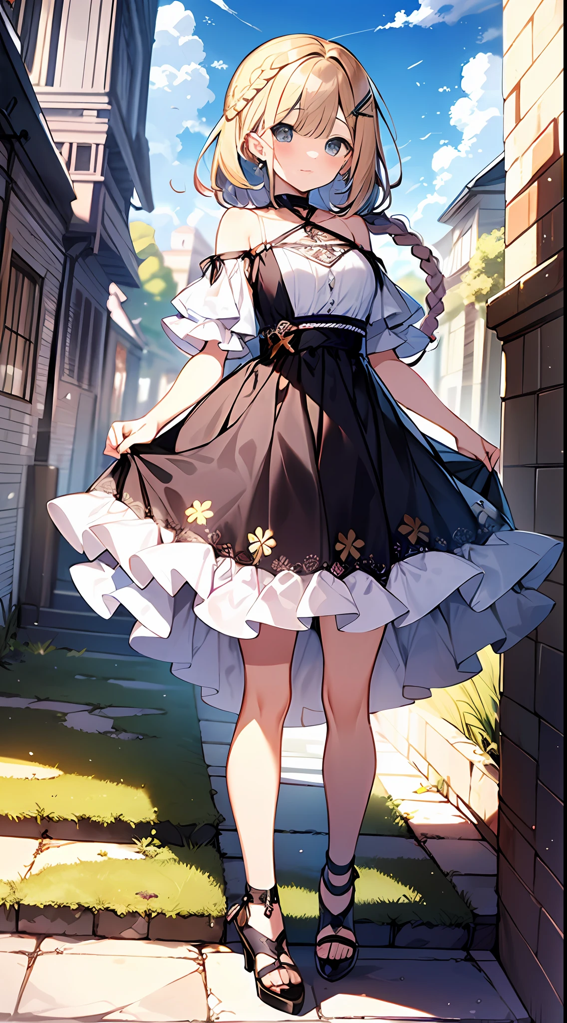 (incredibly absurdres absolutely resolution: 1.5), highest quality, masterpiece, ultra high resolution, 8k, (multiple girls), (gorgeous dresses with many gorgeous and colorful decorations) BREAK shoujo manga style, (loli), soft line drawing, digital enhancement, shojo manga touch, environmental change scenes, shojo manga core, ( Hair length to the shoulders))), (((short braid))), ancient capital of the West, full body visible angle, entangle, beautiful and aesthetic: 1.5, High quality: 1.3