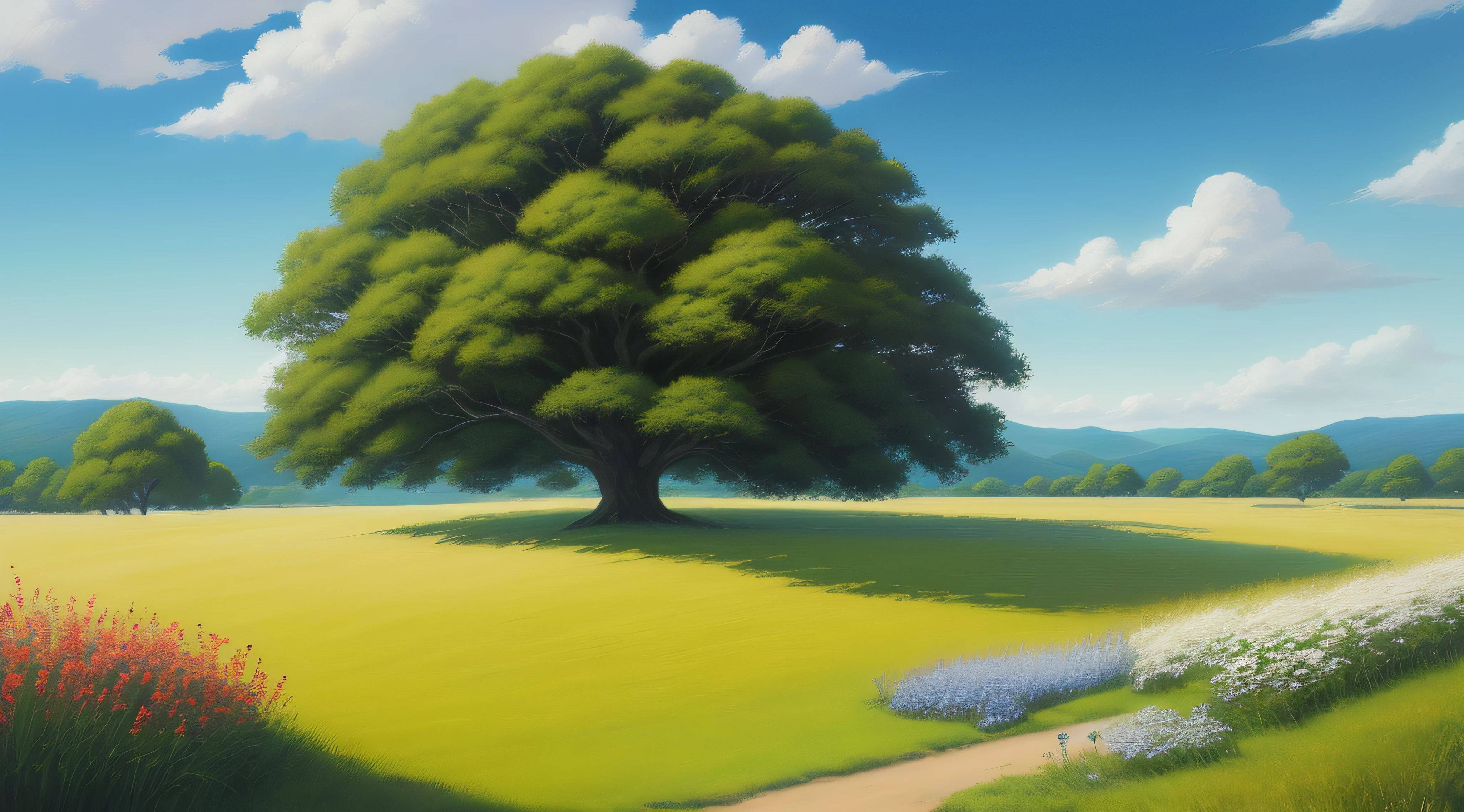 Realistic, authentic, beautiful and amazing landscape oil painting Studio Ghibli Hayao Miyazaki's petal grassland with blue sky and white clouds --v6