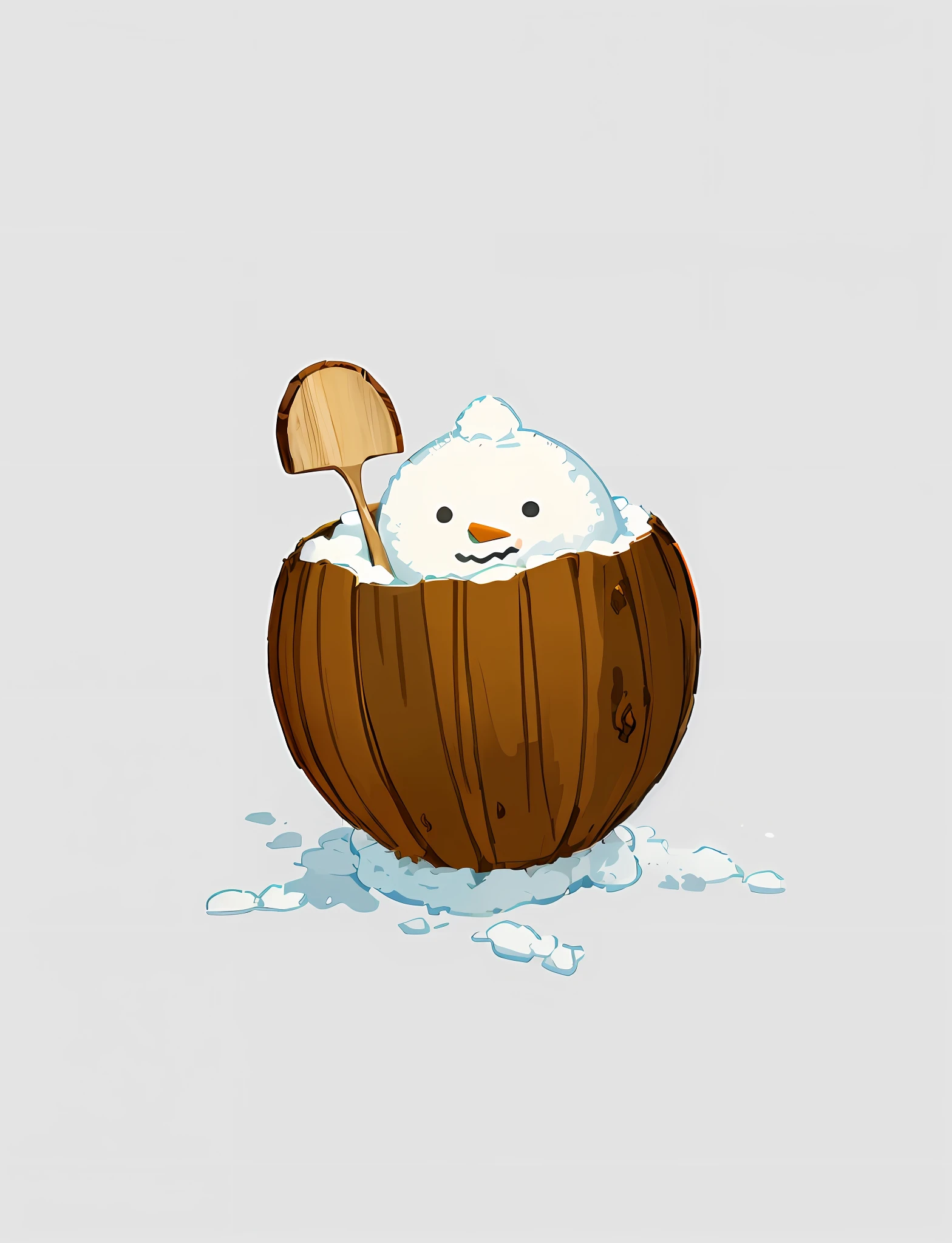 Masterpiece, best quality, simple background, best quality, masterpiece, 8k, 4k, extreme resolution, ultra-high resolution, minimalist art style, (flat painting: 1.15), brown half coconut shell, (spoon inserted on the left side of coconut shell 1.35), (snowman on coconut: 1.15), (cute: 1.35), cartoon, (snowman living in coconut shell: 1.75), wavy mouth,