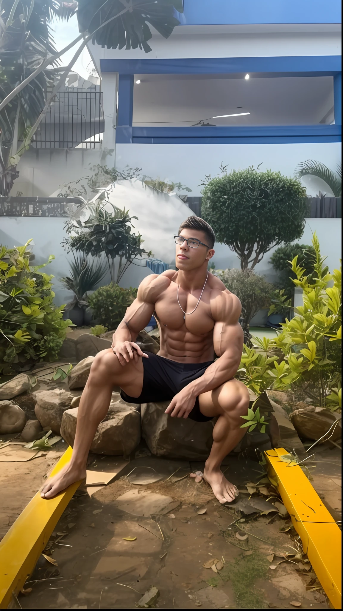 Nerd head,  boy's head, bodybuilder's body