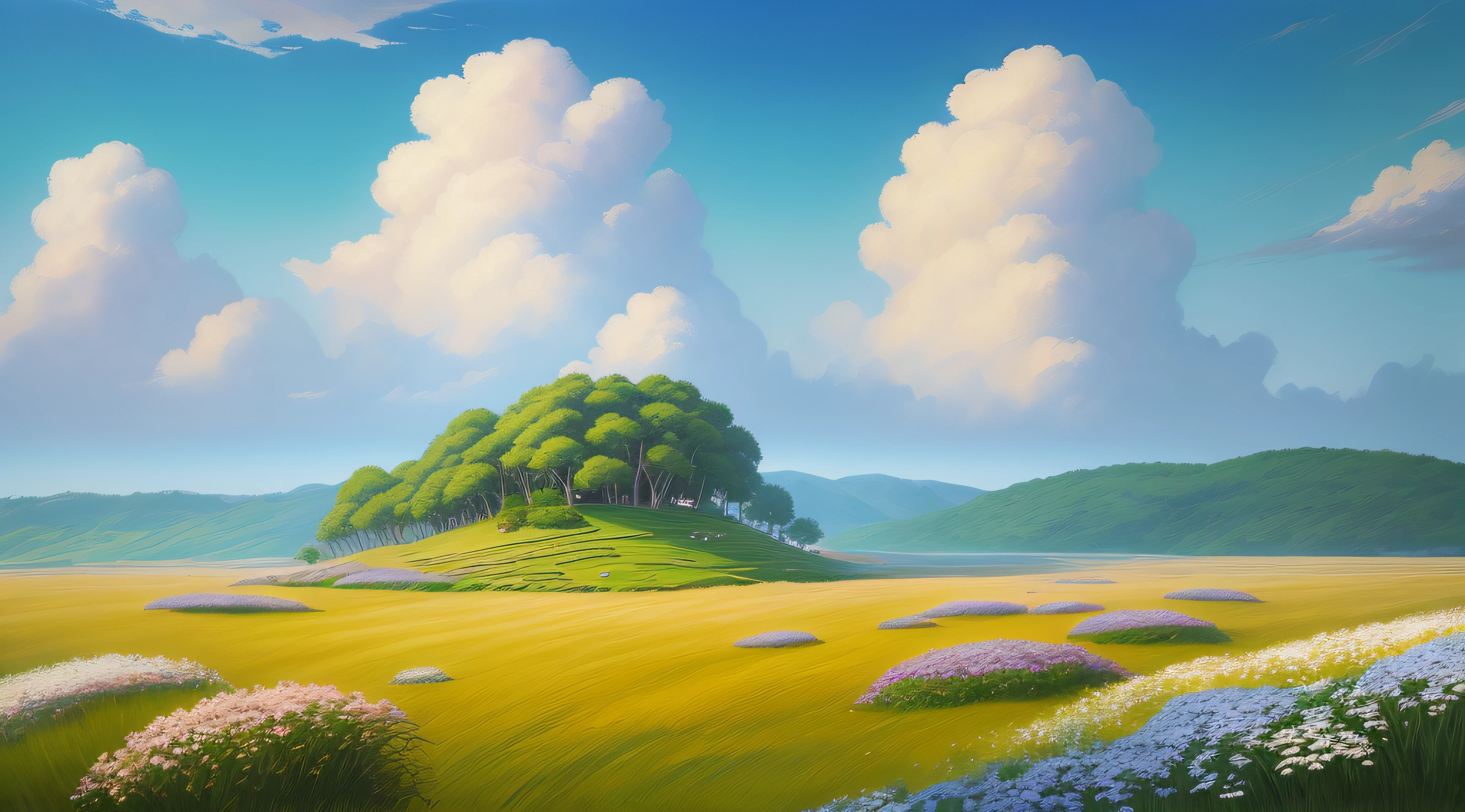 Realistic, authentic, beautiful and amazing landscape oil painting Studio Ghibli Hayao Miyazaki's petal grassland with blue sky and white clouds --v6