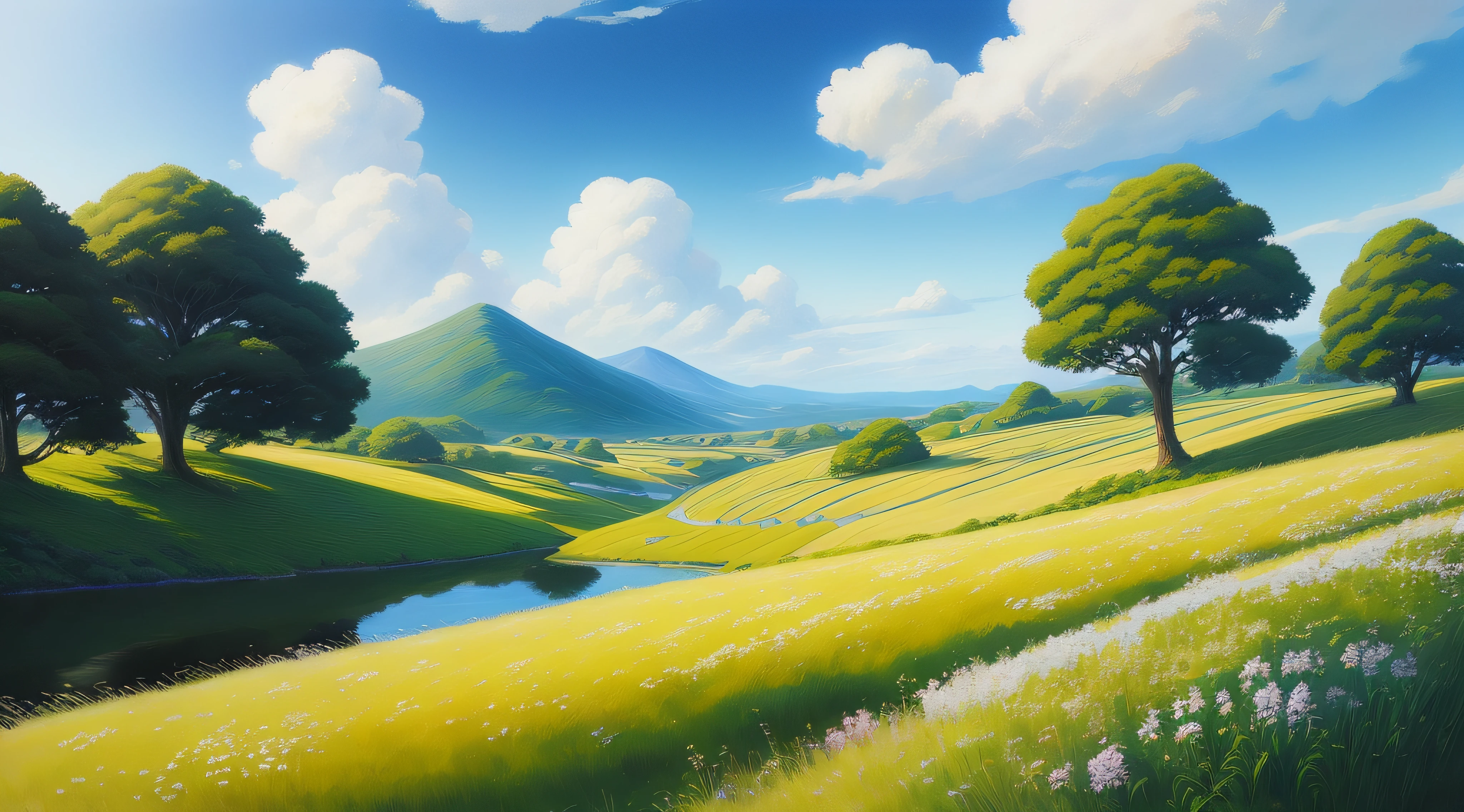 Realistic, authentic, beautiful and amazing landscape oil painting Studio Ghibli Hayao Miyazaki's petal grassland with blue sky and white clouds --v6