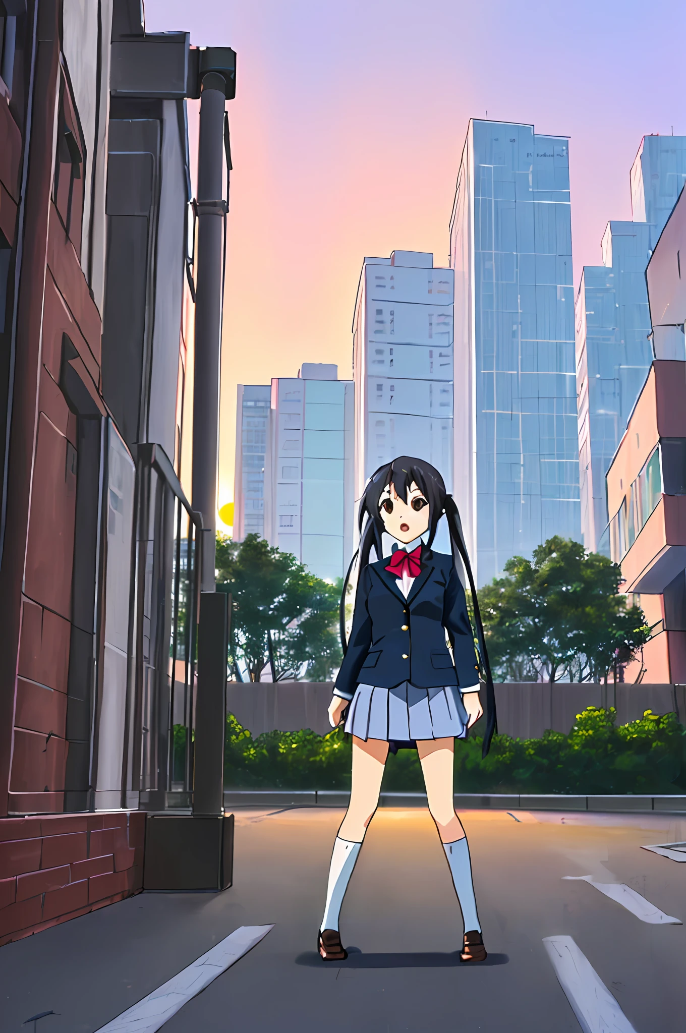 1girl, ((((Masterpiece))), Best Quality, Best Quality, High Detail, Azusa Nakano, 1girl, Sakuragaoka High School Uniform, Musical Instrument, School Uniform, Twin Tails, Long Hair, Black Hair, Brown Eyes, Solo, Red, Dark blue blazer with a thin ribbon of red, Solid white button shirt under blazer, Illustration, Cartoon, Soothing tones, Muted colors, Soft cinematic light, Adobe Lightroom, Photo Lab, HDR, complex and highly detailed, (((depth of field))))). (((Masterpiece))). (((highest quality))).) ((super detail))). (((Illustration))). (((Outside))). (((fighting stance))).,((((Giantization))).dynamic focus.small breasts. (((skyscrapers))). (((Cityscape))). (((Despair Face))). open mouth. (((Sunset))). (((Sunset))).
