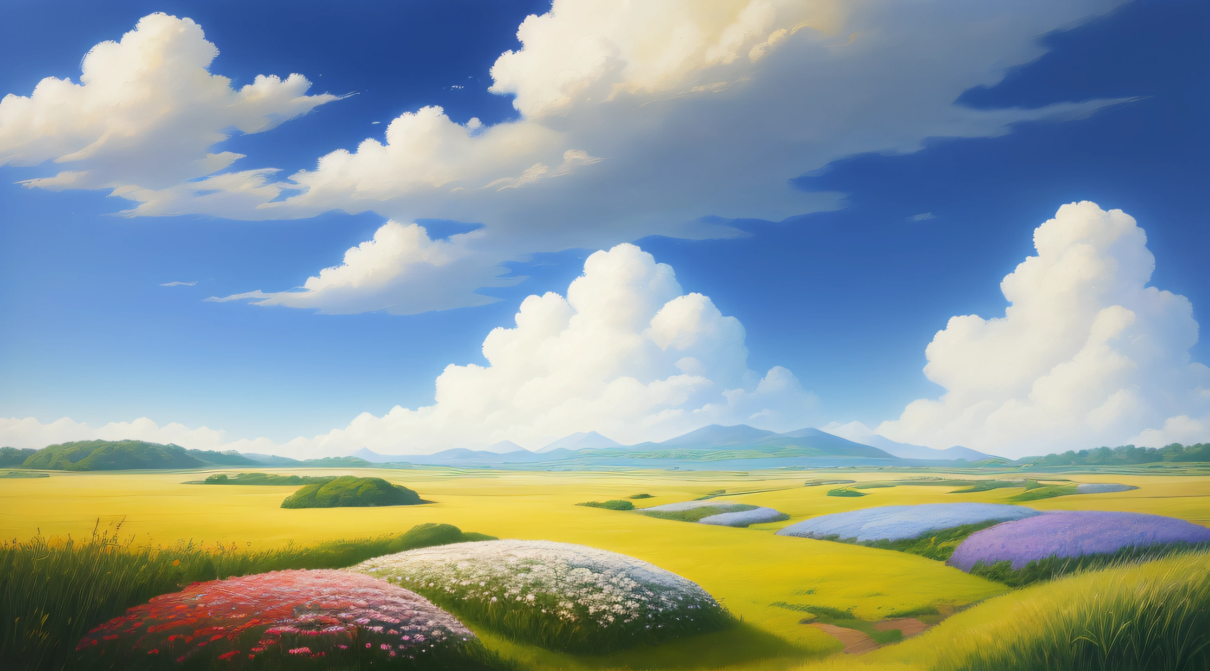 Realistic, authentic, beautiful and amazing landscape oil painting Studio Ghibli Hayao Miyazaki&#39;s petal grassland with blue sky and white clouds --v6