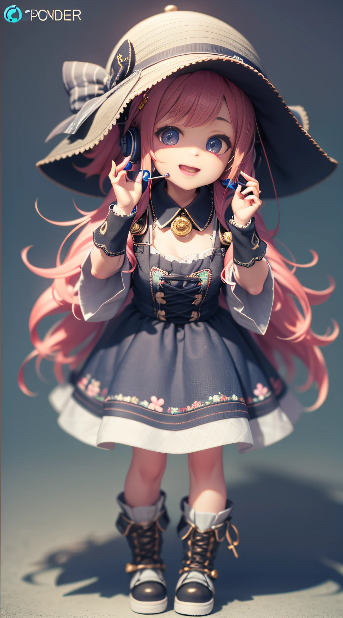 a Super cute girl ,Wearing a floral dress,Wearing boots,Wearing a hat and earphones，big watery eyes,full body,looking at viewer,open hands，MD clothing, clothing wrinkles，clean background,dreamy,excited,super cute girl IP by pop mart ,high detail ,hyper quality,Bright color,mockup blind box toy,disney style ,fine luster,3D render,oc render,best quality ,bright,front lighting,Face Shot,fine luster,ultra detoiled ，8k,