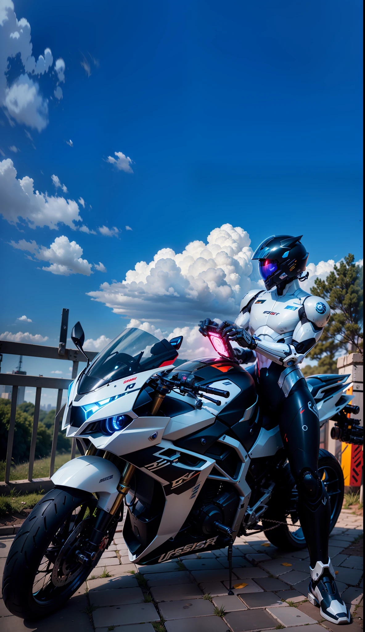 Brave Cyber Mechanical Male Warrior and Cyber Mechanical Motorcycle, Nousr, Biomechanics, MSHN Robot Man, high-tech helmet, surreal, steel, intricate design, crazy details, fine details, extremely clear lines, cinematic lighting, photo realism, detailed masterpiece
