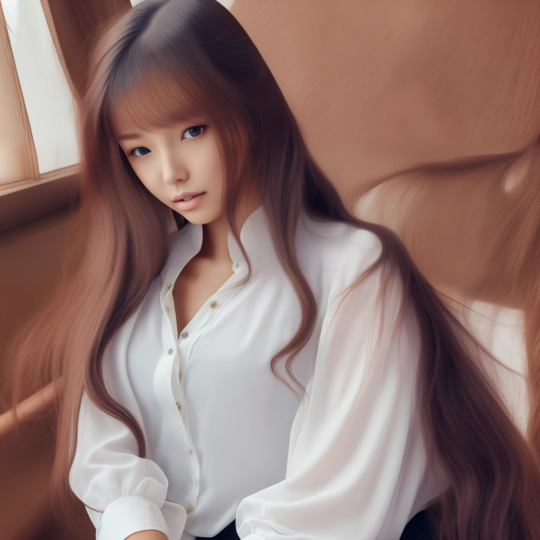 "White blouse, girl, long hair with black hair"