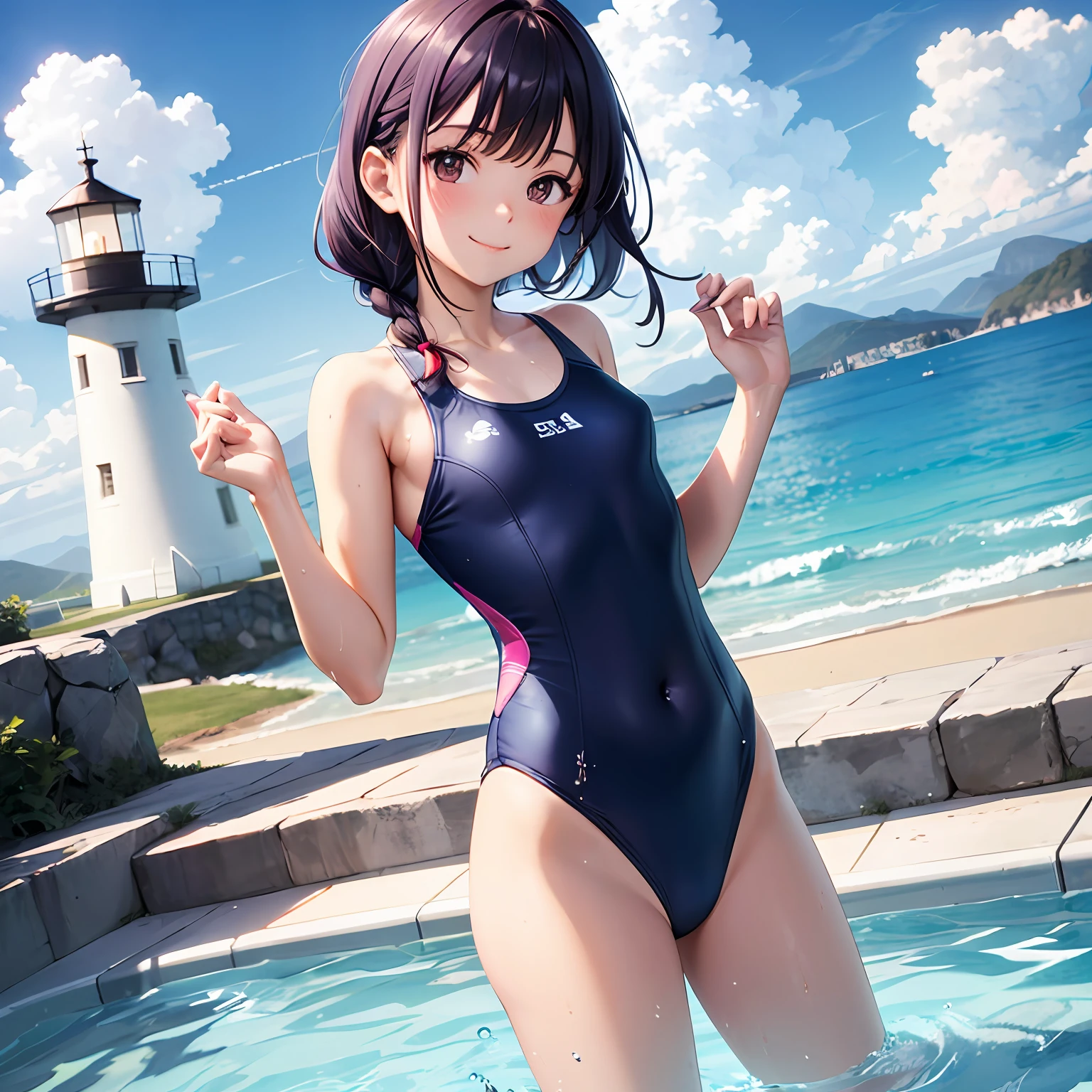 NSFW,111 girl, animal, bangs, bare arms, bare shoulders, beach, bird, blue sky, blue swimsuit, braid, chest, brown eyes, mouth closed, clouds, cloudy sky, collarbone, competition school swimsuit, competition swimsuit, covered navel, cowboy shot, day, flock, hands on hips, hands up, horizon, lighthouse, watch viewer, mountain, mountain horizon, sea, one piece swimsuit, outdoors, pool, purple hair, school swimsuit, seagull, sky, small, smile, solo, standing, swimwear, wading, water, wet