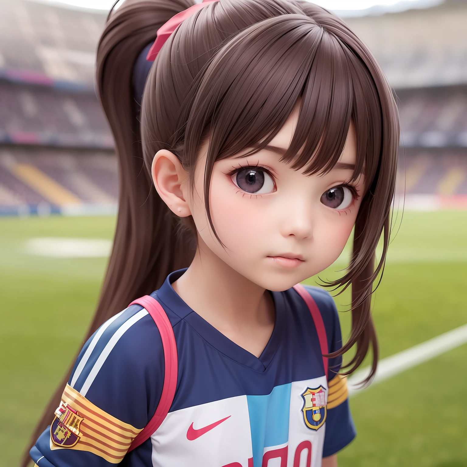 ((9year old girl:1.5)), complete anatomy, children's body, child, super cute, girl, , random poses,random angles,

Soccer, fc barcelona jersey, outdoors, lawns, dribbling, ponytail hairstyles, running,Camp Nou football stadium,Thick red and navy striped uniform, shorts uniform,

 beautiful girl, 1 girl, loli, petitrl, top quality, masterpiece, high eyes,drooping eyes,(realism: 1.2)), petite, bangs, tall eyes, natural light,(aquamarine eyes),bangs, beautiful girl with fine details, Beautiful and delicate eyes, Beautiful girl, detailed face, Beautiful eyes, beautiful shining body, 8K images,