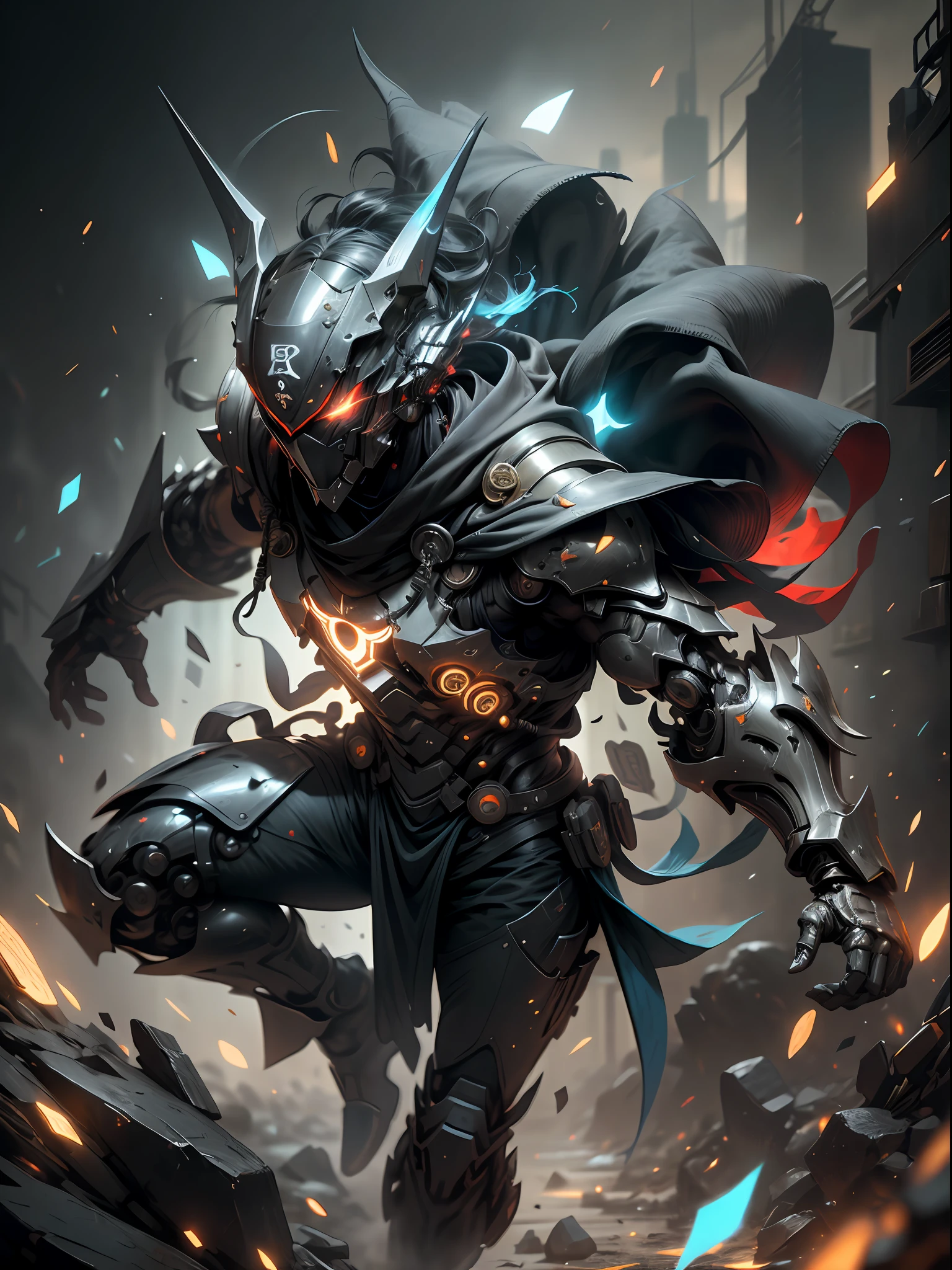 Ninja, all black ghost ninja, mask covering face, darts flying in the air, darts scattered on the ground, forehead tied with a bandana, ninja avatar shadow, super cool ghost ninja, male, ninja, long cloak, with black mask, wearing black mechanical armor, glowing red eyes, full body photo, perfect body proportions, tall figure, with veil, glowing blue eyes, super detail, realistic, shiny, reflective, bioluminescent, galactic cybernetics mask, mecha, (Executioner: 1.2), Cloak, SH4G0D, GlowingRunes_red, Full Body, Movie, Dark Background, Backlight, High Contrast,
