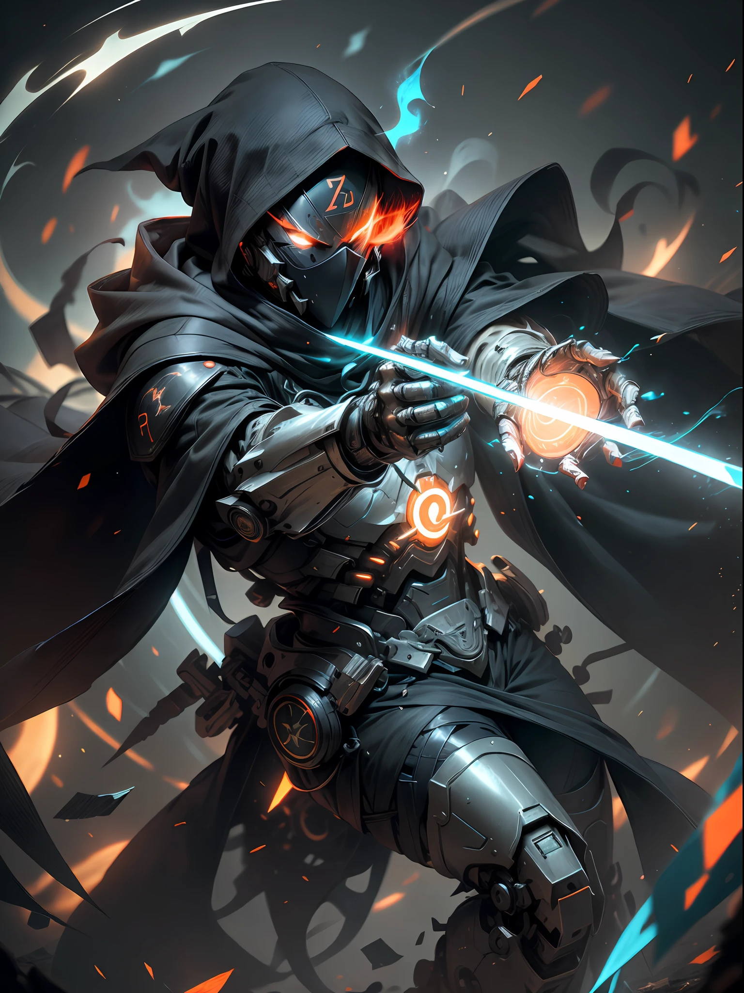 Ninja, all black ghost ninja, mask covering face, darts flying in the air, darts scattered on the ground, forehead tied with a bandana, ninja avatar shadow, super cool ghost ninja, male, ninja, long cloak, with black mask, wearing black mechanical armor, glowing red eyes, full body photo, perfect body proportions, tall figure, with veil, glowing blue eyes, super detail, realistic, shiny, reflective, bioluminescent, galactic cybernetics mask, mecha, (Executioner: 1.2), Cloak, SH4G0D, GlowingRunes_red, Full Body, Movie, Dark Background, Backlight, High Contrast,