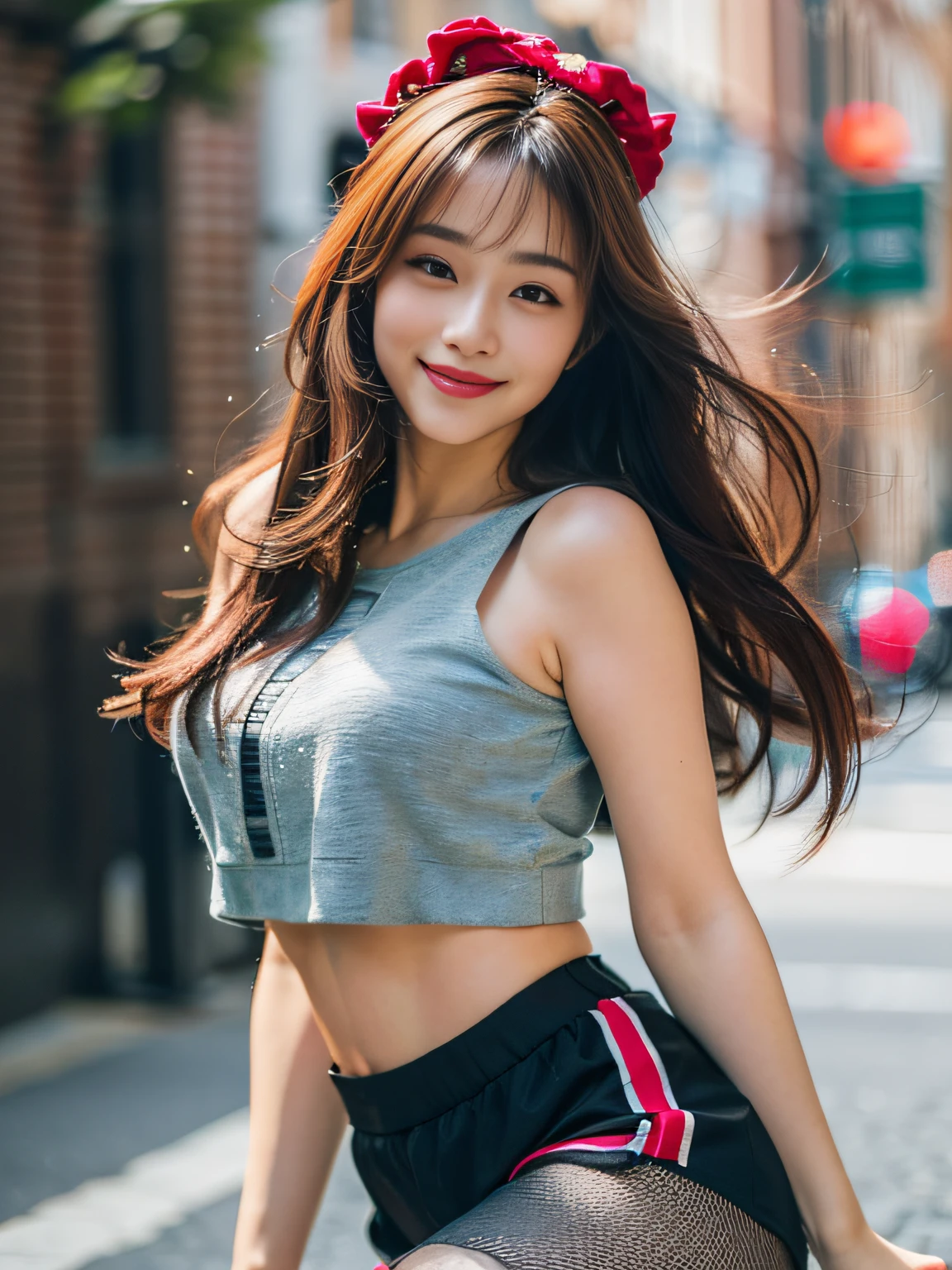 best smile, 1 girl, (watching viewer), (bokeh: 1.1), parted lips, smile emoticon, realistic, arm down, tights, skirt, skyline, realism, (best quality, 8K, masterpiece: 1.3)), (flower hat: 1.3), focus: 1.2, perfect body beauty: 1.4, buttocks: 1.2, (layered hairstyle: 1.2)), (dark street: 1.3), highly detailed face and skin texture, full body, delicate eyes, double eyelids, whitening skin, long hair, (round face: 1.5), (loose crop top, shorts: 1.6)