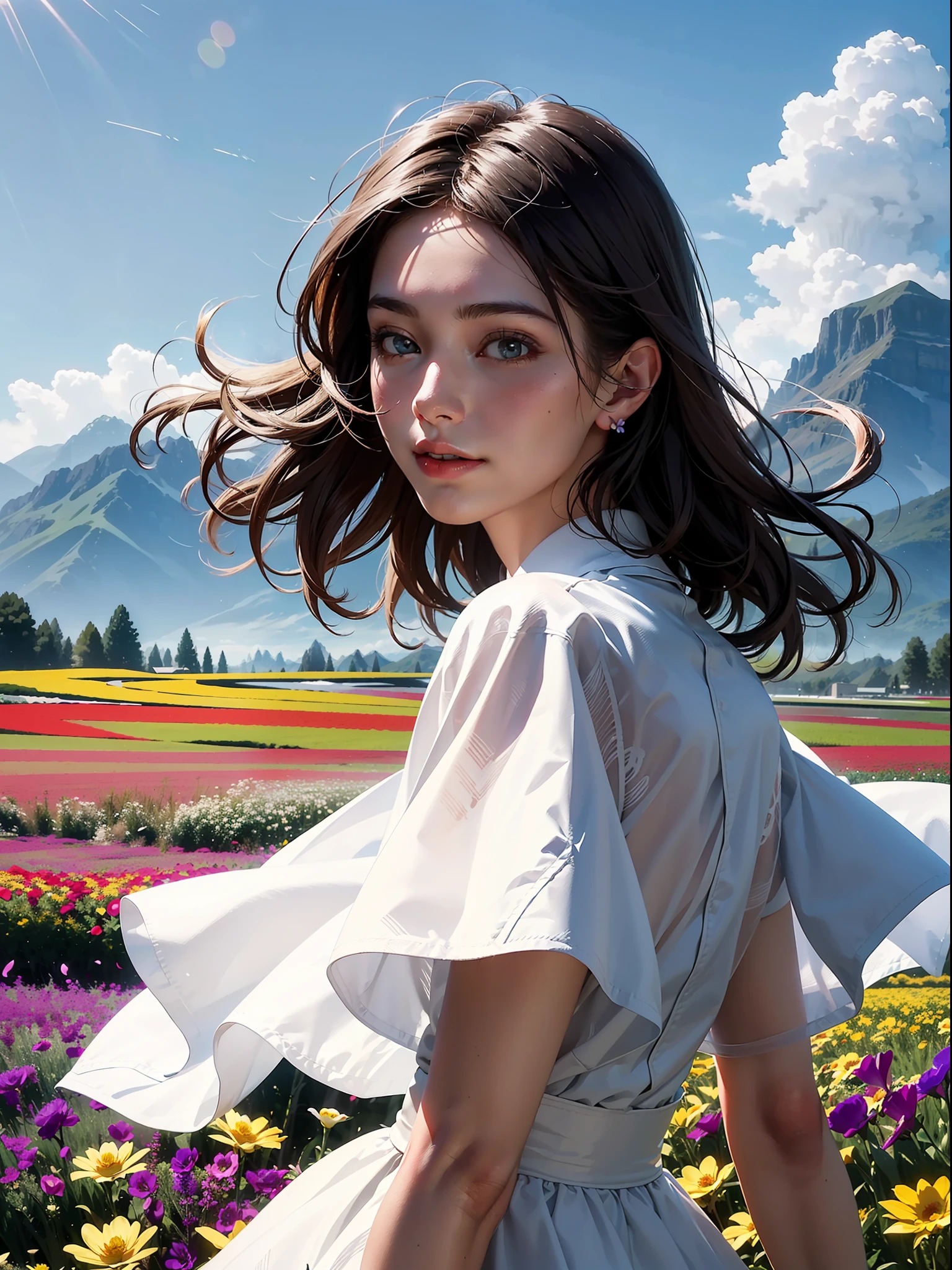 1girl, dynamic angle, cloud and mountain, (flower field:1.4) in the foreground, white dress, light tracing, (floating colorful wind:1)
(photorealistic:1.4), official art, unity 8k wallpaper, ultra detailed, beautiful and aesthetic, masterpiece,best quality, glowing skin, cinematic lighting, light smile
