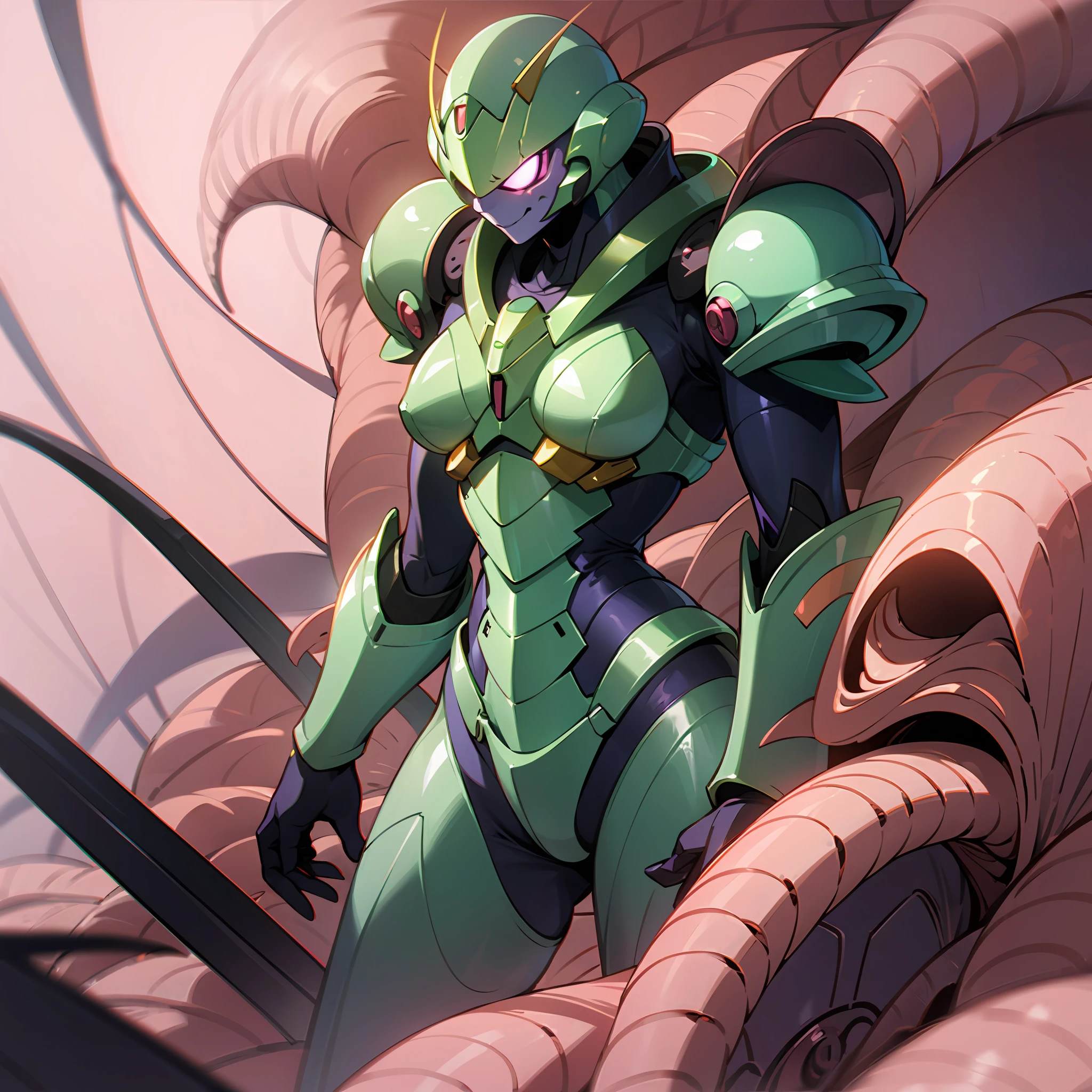 Hot insect shell woman, Guyver style, evil smile, scaraber reploid, bellows tail, cel shade adult animation, alien queen, metroid suit