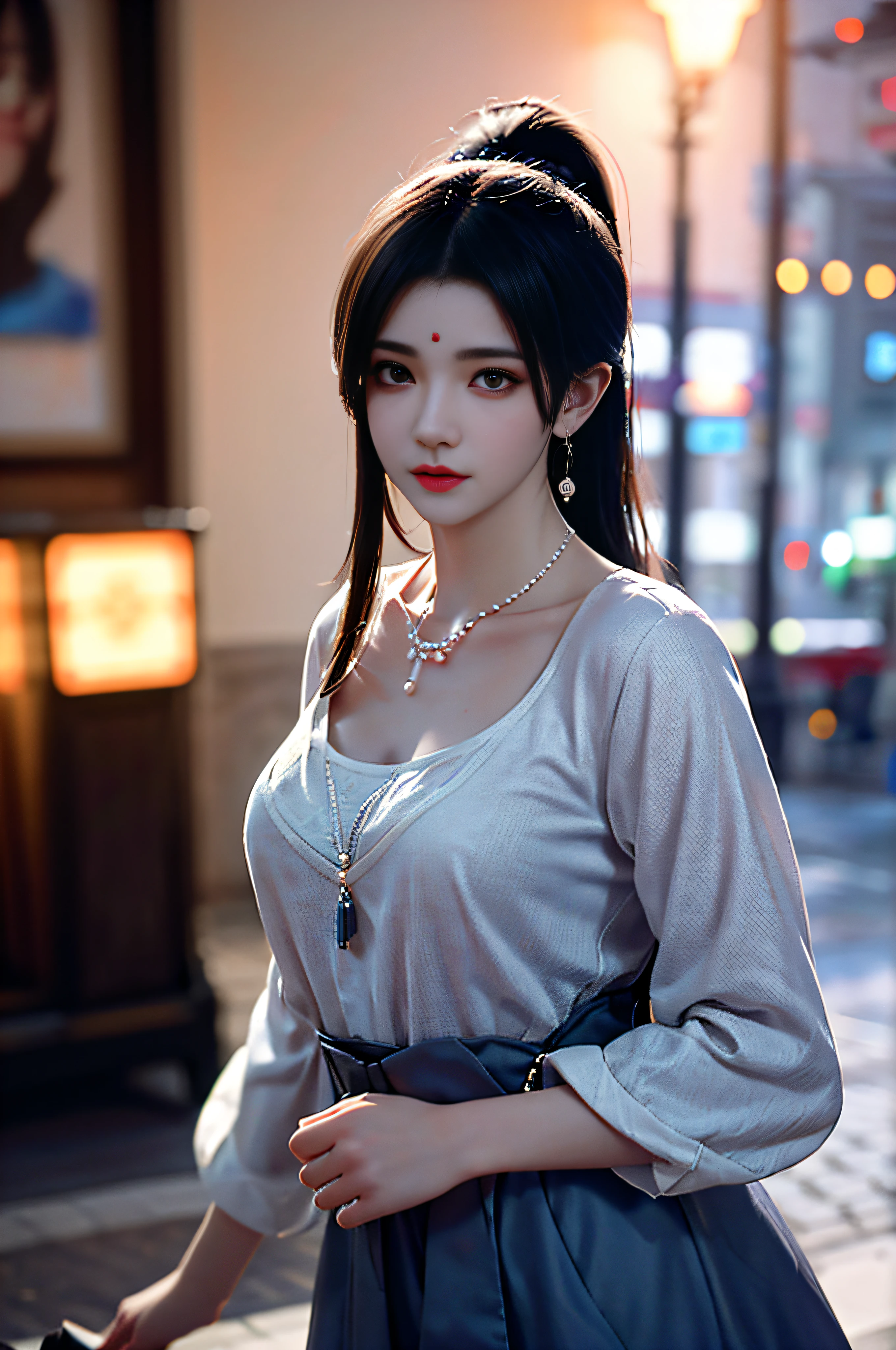 from side, hip up,((addielyn)), side pose, Random position, night time, (extremely delicate and beautiful work), (masterpiece), 1girl, streetwear, highly detailed, twisted ponytail, charming expression, beautiful and clear Eyes, blue pupils, exquisite pearl necklace, exquisite earrings, simple blurred background, extremely detailed description, beautiful and charming, ultra-fine painting, exquisite face, exquisite figure, exquisite clavicle, cute lips, soft back, mix4, (8k , RAW photo, best quality, mastery:1.2), (realistic, photo-realistic:1.37),1girl,cute,cityscape,night,rain,wet,professional lighting,photon mapping,radiosity,physically-based rendering,above waist,