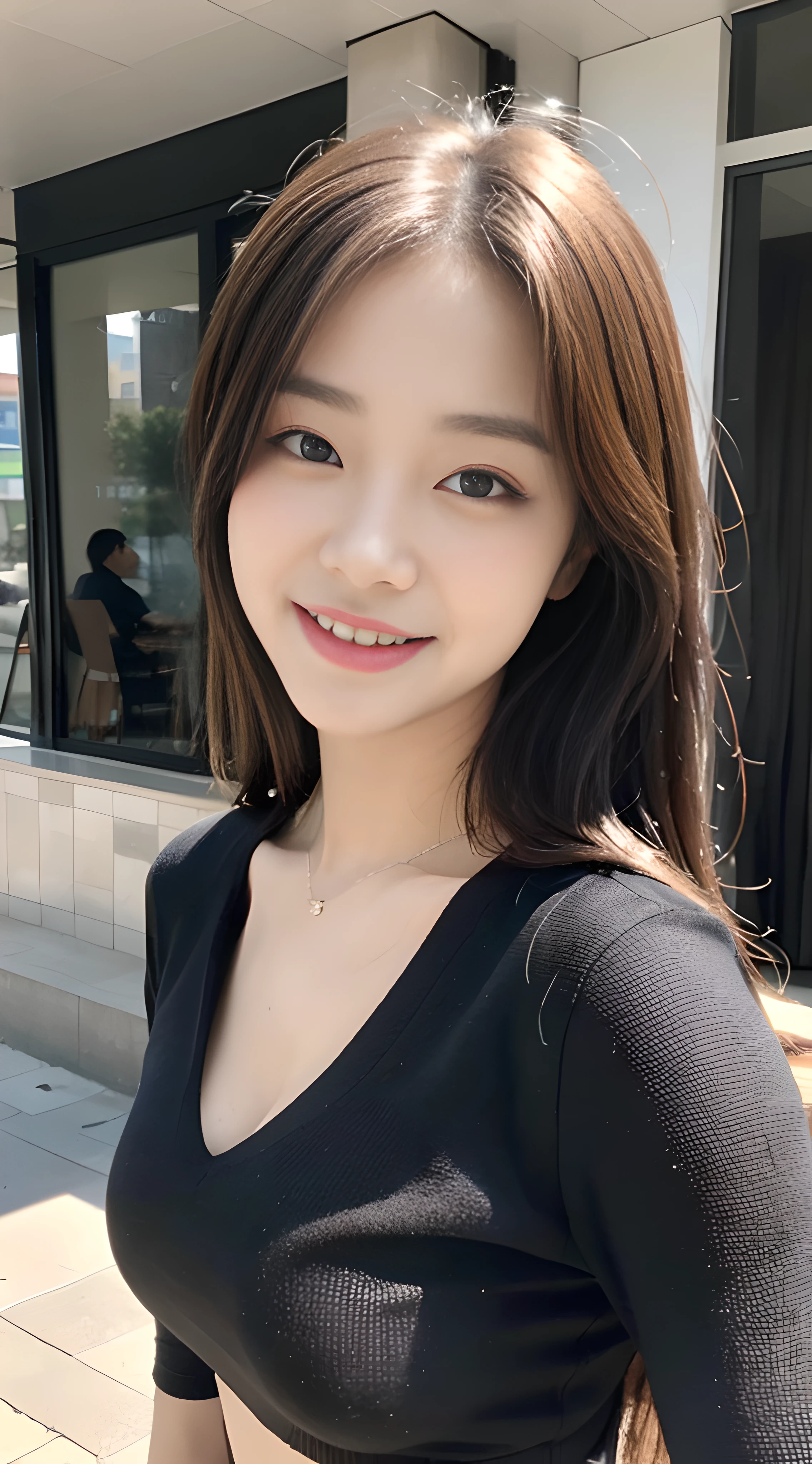 (1 cute Korean star), ((best quality, 8k, masterpiece: 1.3)), focus: 1.2, perfect body beauty: 1.4 , ((air bangs: 1.2)), (night, street: 1.3), highly detailed face and skin texture, fine eyes, double eyelids, whitened skin, (long hair: 1.3), (round face: 1.5), (short skirt, cool top matching: 1.6). smile