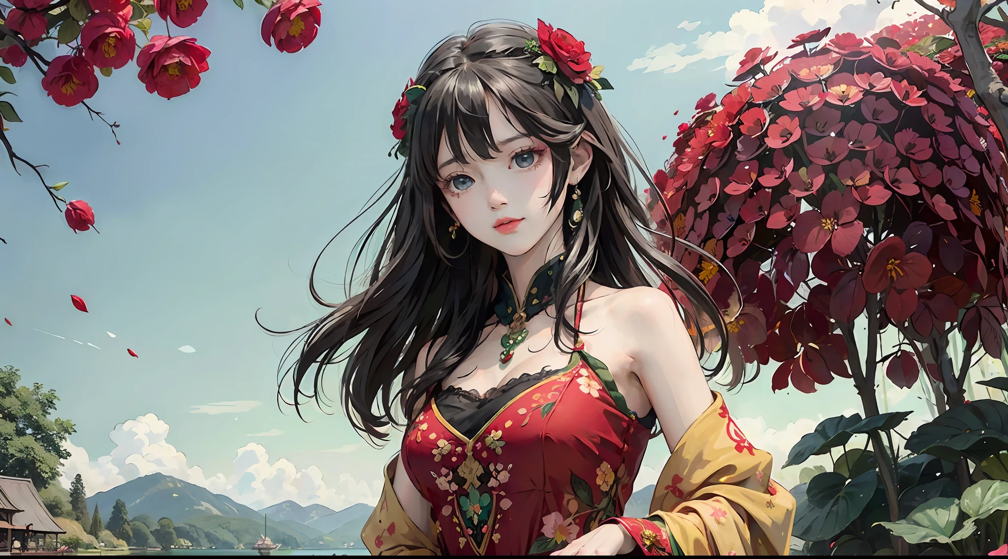 Vista, telephoto, masterpiece, best quality, official art, 8k wallpaper, very detailed, illustration, 1 girl, (dress with begonia flower style, red and green petals dotted), black hair, long hair, detailed eyes, plane tree background, ground piled with yellow petals, bare shoulders, lake, pure, soft smile,