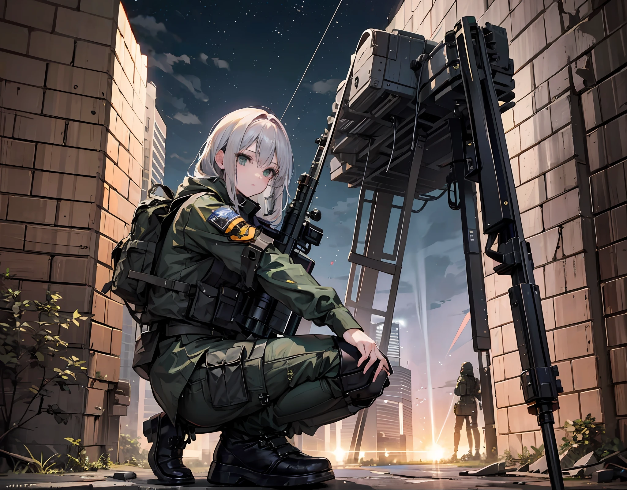 {{Masterpiece, top quality, highly detailed CG, 16K, movie lighting, lens flare}}, (1 girl soldier aiming at a huge military robot with Lahti L-39 anti-tank gun), (wide view), thick body, Photorealism: 1.4, long blond hair, green eyes, have multiple weapons, aim, (Lahti L-39 anti-tank gun), direct light, F/1.8, night footage, shot at 35mm depth of field on the rubble ((Shinjuku at night (5 fully equipped special forces SWAT protect women)), (sniping with anti-tank rifles), (from side), HDR, hyper detailed, giant robot wreckage, (wide angle lens), kneeling shot