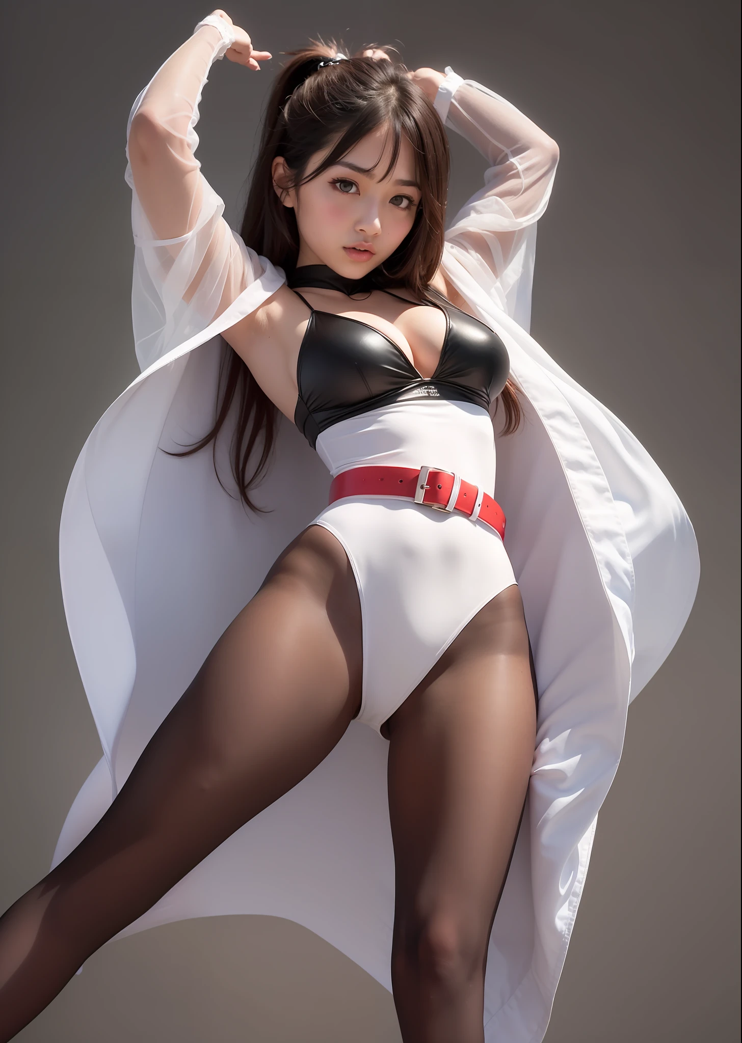 Japan pretty girl, (Real, Hi-Res: 1.4), 1 girl, (natural light), (more face, more hair, more skin), (middle chest), (open mouth: 1.1), big eyes, slender, leg, mid-waist, full body shot,(white belt:1.2), (red leotard: 1.1),(black pantyhose),(spread arms:1.2),standing