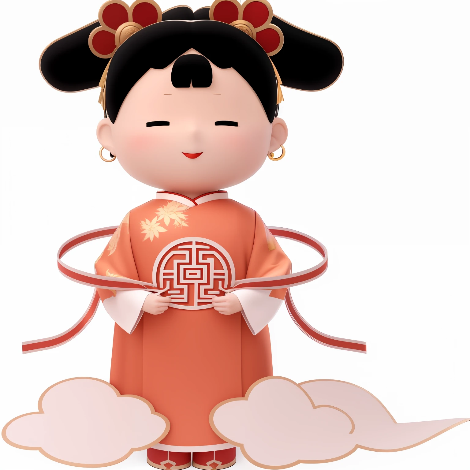 Close up of a cartoon girl, girl in Chinese costume, palace, Hanfu, ancient Chinese goddess, Chinese costume, beautiful girl, Chinese girl, Chinese princess, wearing ancient Chinese costume, ancient earrings, ancient Chinese princess, ancient Chinese costume, inspired by Miao Fu, Thai costume, traditional Thai costume, Chinese Traditional, inspired by Park Hua, 3D stereoscopic, perfect detail, cloud detail, face detail, red lips, earrings, round earrings, red earrings, 3D auspicious clouds, auspicious clouds gradient excess, streamers, blush, delicate makeup, red lipstick, blush, clothing folds, smiley eyes, crescent eyes, willow eyebrows, two ears plus earrings, eyebrows, photography, masterpiece, eyes in the shape of a crescent