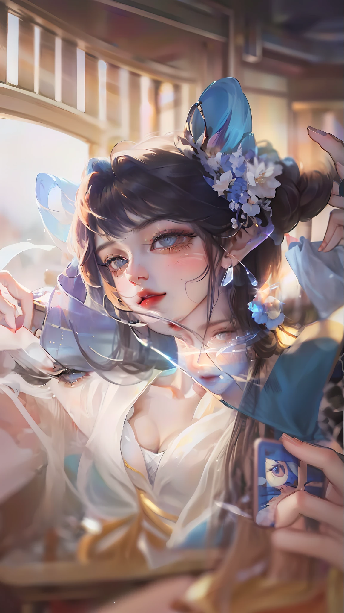 8K, Best Quality, Masterpiece, Ultra High Resolution, (Realism: 1.4), Original Photo, (Realistic Skin Texture: 1.3), (Film Grain: 1.3), (Selfie Angle), 1 Girl, Beautiful Eyes and Face Details, Masterpiece, Best Quality, Close-up, Upper Body, Looking at the Viewer