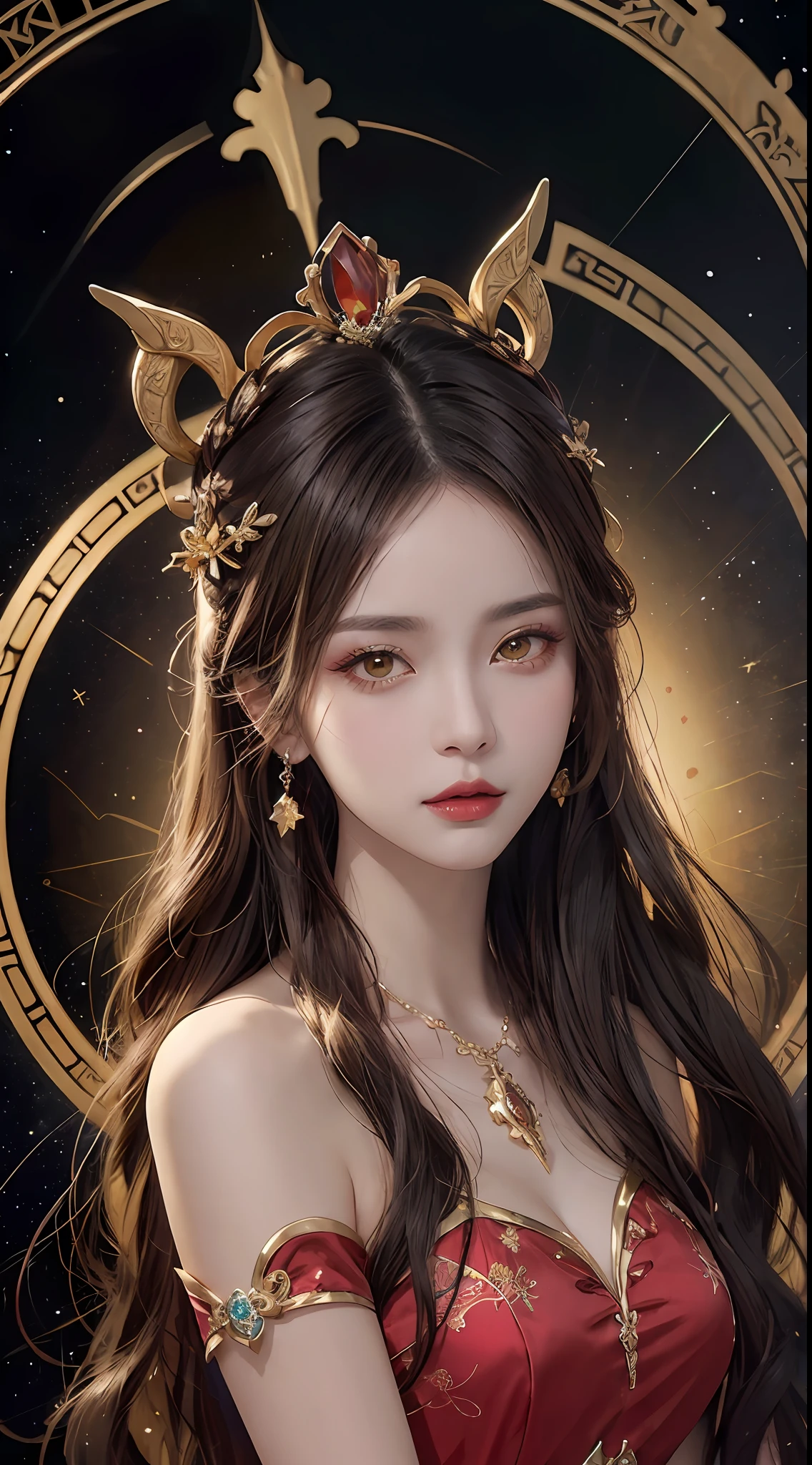 1 27-year-old girl, 1 zodiac goddess from the future, goddess of the pink and purple 12 zodiacs, the goddess of the zodiac in a yellow ao dai, a 12 zodiac ao dai with many black lace detail, mythology Goddess of the 12 zodiacs from the future, zodiac ♏, luxurious glittering zodiac style, dark and mysterious version, zodiac crown, lipstick lips red, thin and beautiful lips, Smile makes viewers fall in love, characters made by karol bak and pino daeni, intricate detail, detailed background, extremely detailed, light magic, a woman, clear face, look at the face of goddess zodialook at the zodiac goddess face, hair long with bangs, beautiful face in detail and well-proportioned eyes, (transparent yellow eyes: 1.8), big round eyes and very beautiful and detailed makeup, foresight, silk dress, mysterious makeup, double bangs and dyed light blonde, uper body, zodiac goddess uper body, arms hanging loosely, Realistic and vivid photo, (stars make up the zodiac: 1.7), (sky background zodiac and fictitious space and time portal: 1.8), fiction art, RAW photo, hanfu picture, best photo, best photo quality, 8k quality, 8k ultra, super realistic, real photo most economical, artistic portrait of goddess zodiac,