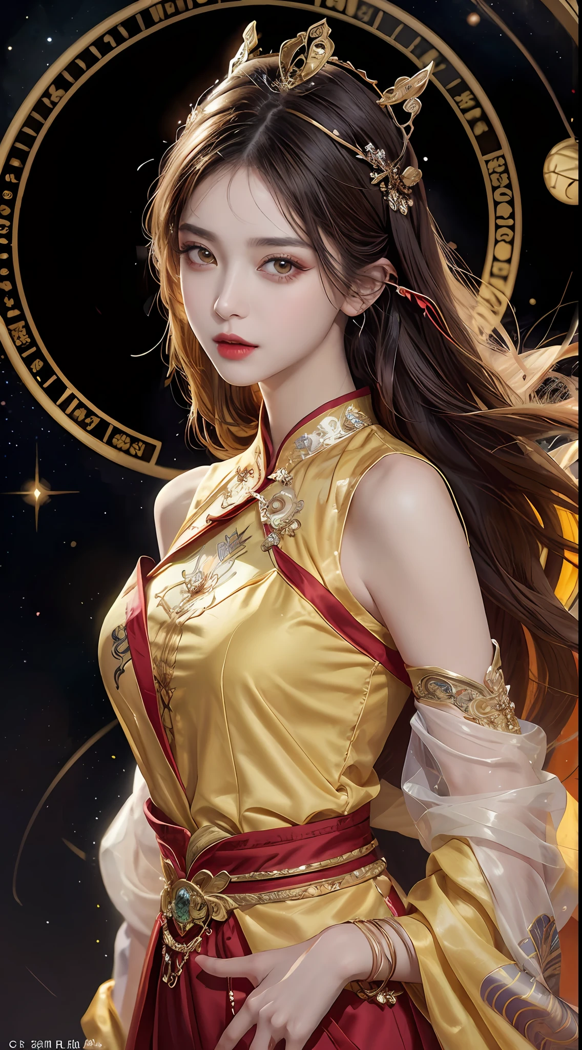 1 27-year-old girl, 1 zodiac goddess from the future, goddess of the pink and purple 12 zodiacs, the goddess of the zodiac in a yellow ao dai, a 12 zodiac ao dai with many black lace detail, mythology Goddess of the 12 zodiacs from the future, zodiac ♏, luxurious glittering zodiac style, dark and mysterious version, zodiac crown, lipstick lips red, thin and beautiful lips, Smile makes viewers fall in love, characters made by karol bak and pino daeni, intricate detail, detailed background, extremely detailed, light magic, a woman, clear face, look at the face of goddess zodialook at the zodiac goddess face, hair long with bangs, beautiful face in detail and well-proportioned eyes, (transparent yellow eyes: 1.8), big round eyes and very beautiful and detailed makeup, foresight, silk dress, mysterious makeup, double bangs and dyed light blonde, uper body, zodiac goddess uper body, arms hanging loosely, Realistic and vivid photo, (stars make up the zodiac: 1.7), (sky background zodiac and fictitious space and time portal: 1.8), fiction art, RAW photo, hanfu picture, best photo, best photo quality, 8k quality, 8k ultra, super realistic, real photo most economical, artistic portrait of goddess zodiac,