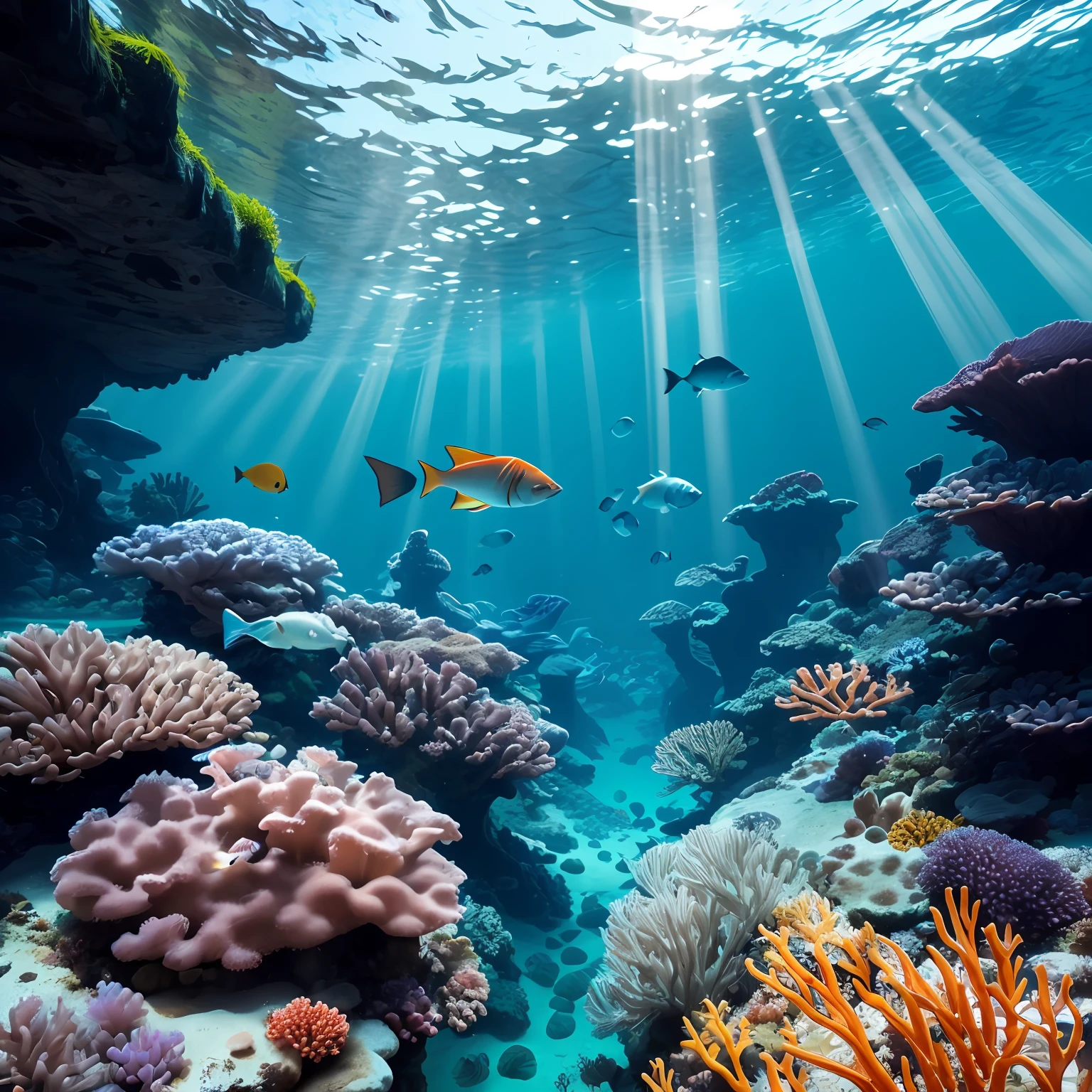 A fascinating underwater setting, filled with vibrant corals, colorful fish and undulating plants, with rays of light penetrating the deep waters, creating a magical and serene environment.