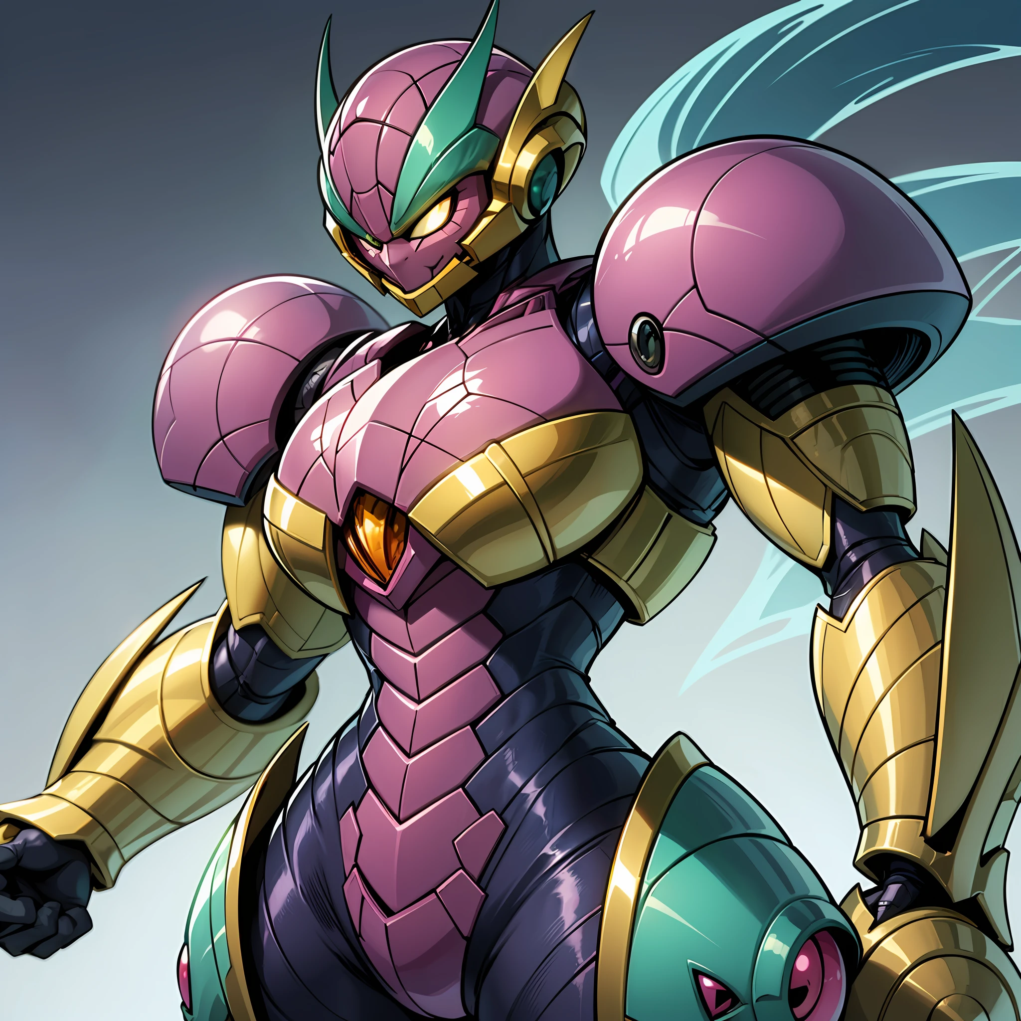 Hot insect shell woman, Guyver style, evil smile, scaraber reploid, bellows tail, cel shade adult animation, alien queen, metroid suit
