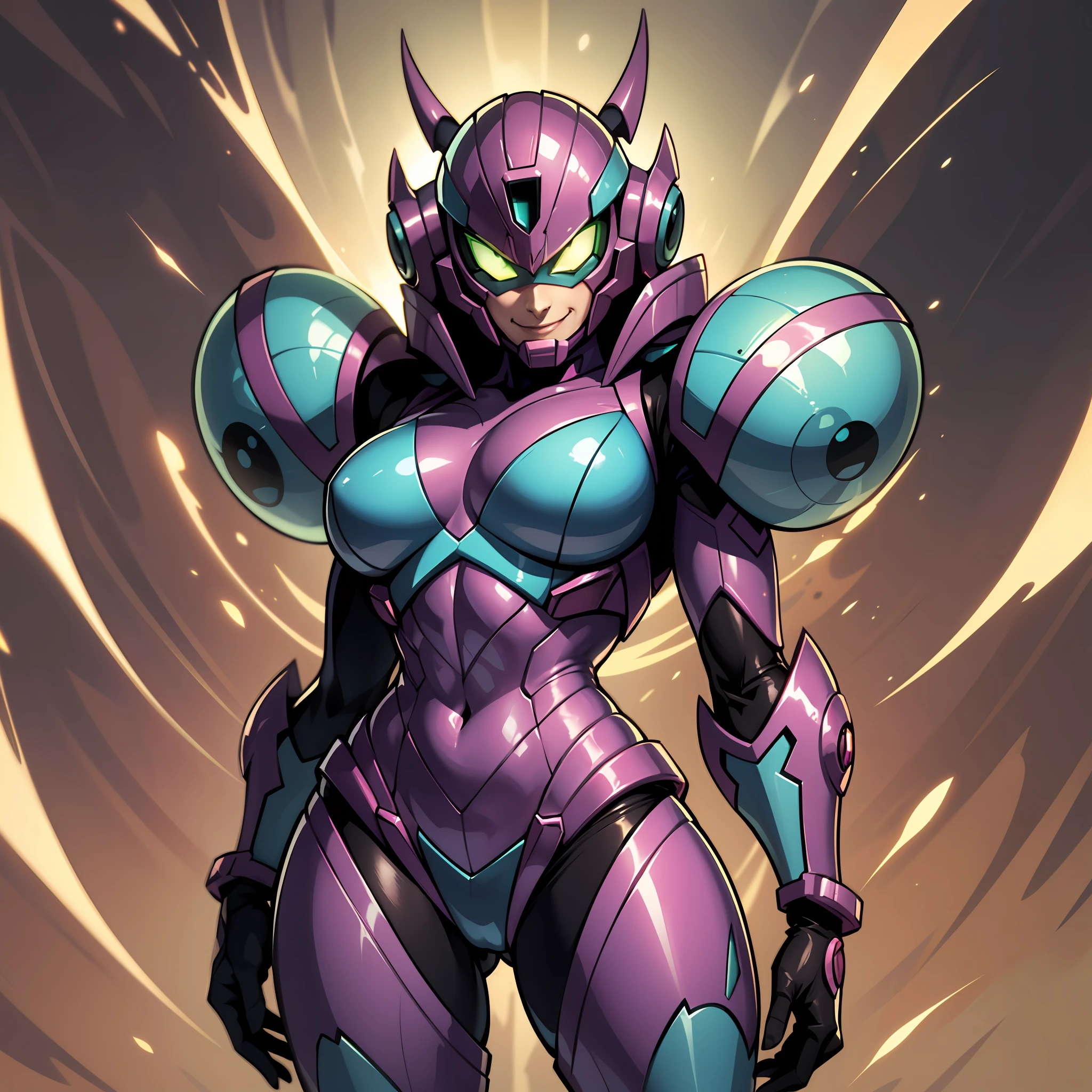 Hot insect shell woman, Guyver style, evil smile, scaraber reploid, bellows tail, cel shade adult animation, alien queen, metroid suit