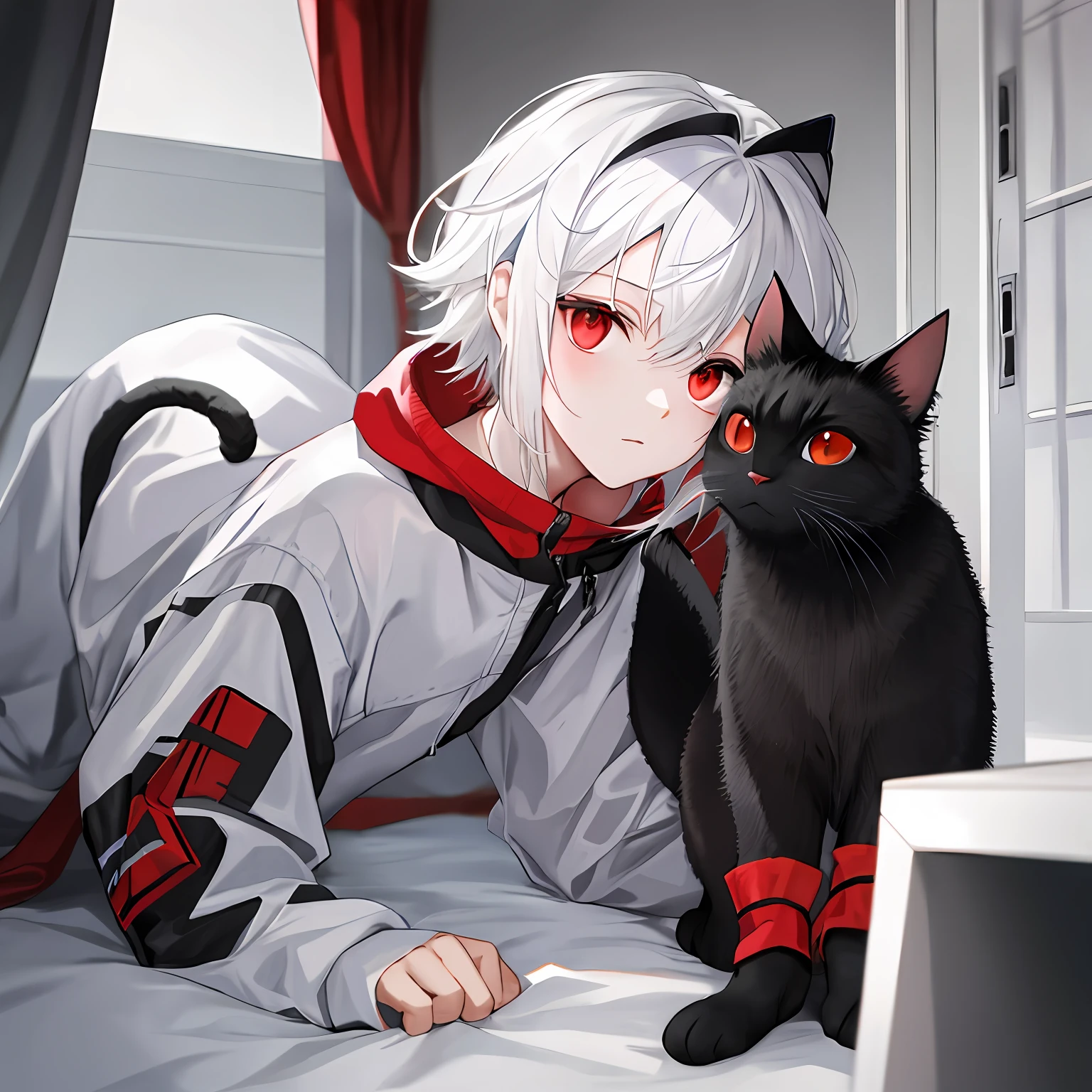 White hair and red eyes, little boy, cat