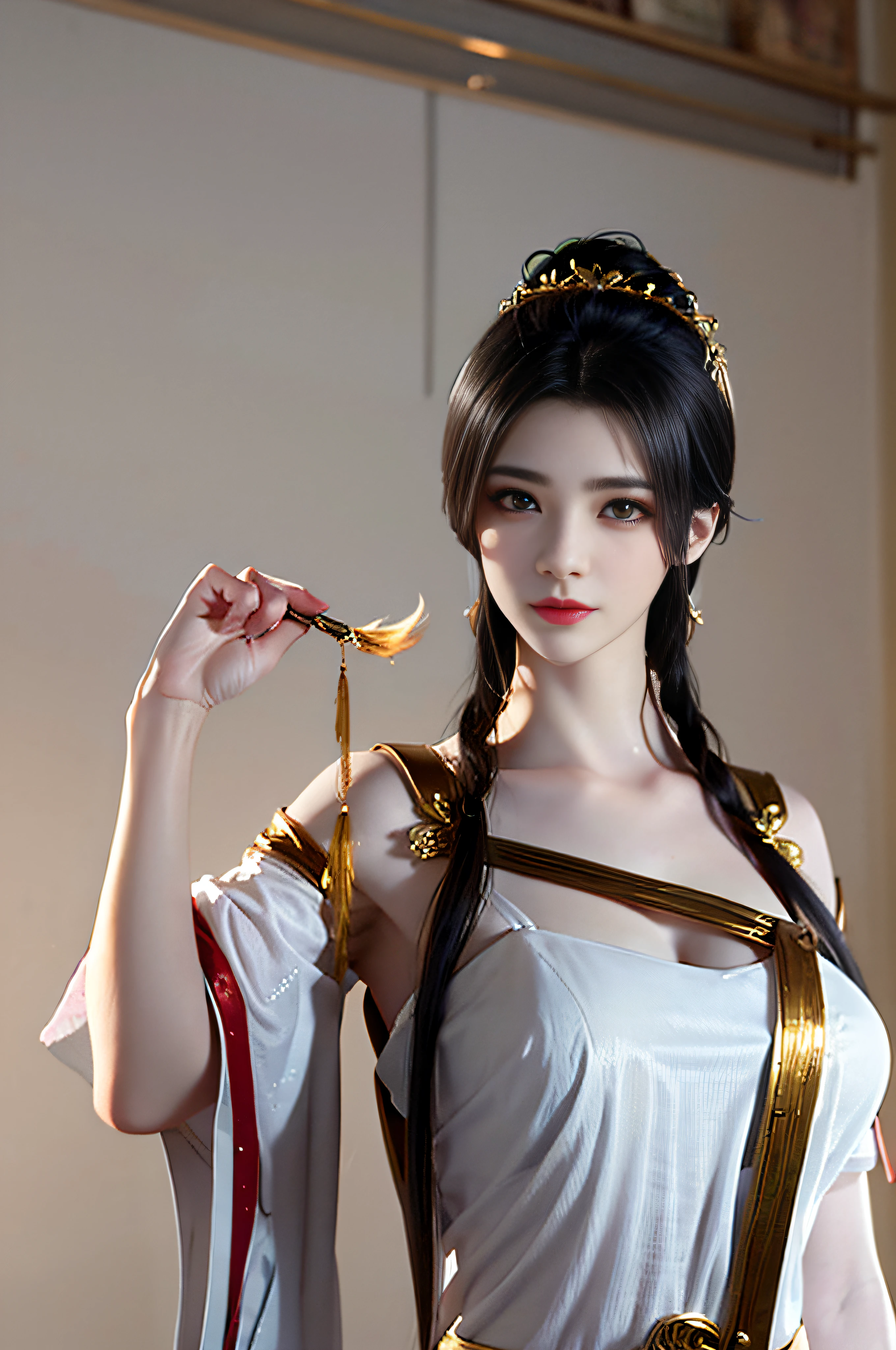 Best,a masterpiece,Gray hair,Golden eyes,Low-Low-cut white clothes,look up,narrow waist,upper half body,hair strand,fair skin,side braids