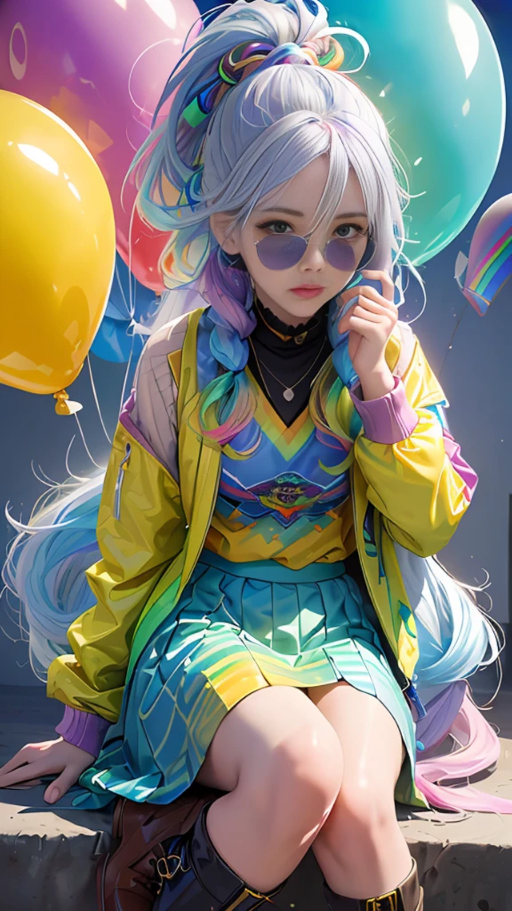 masterpiece, best quality, 1 girl, pretty and cute, (rainbow color Highlight Hair,colorful hair:1.4), wearing blue and purple sunglasses, yellow jacket with white pattern, white sweater, many colored balloons, doll face, ponytail braid, perfect detail eyes, delicate face, perfect cg, HD quality, colored balloons, sky ,black boots