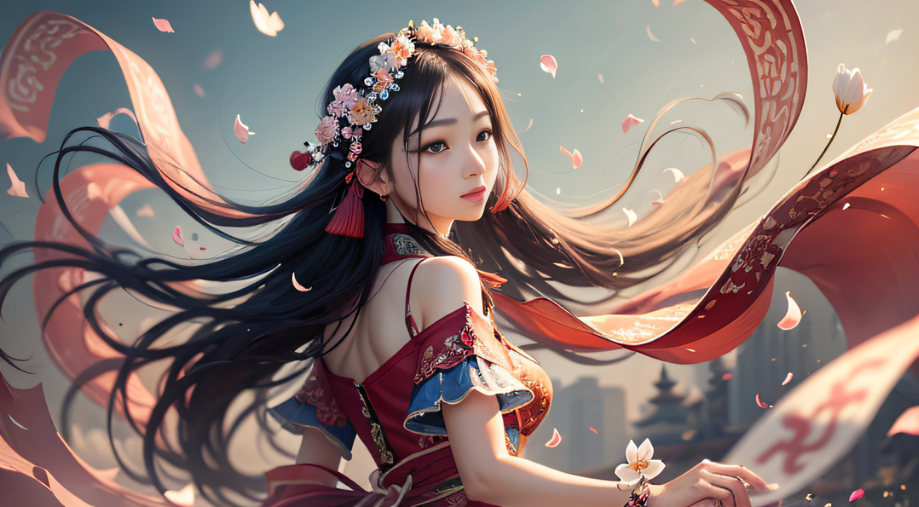 Chinese style beauty, delicate, flower petals flying, breeze, clear weather, exquisite face, photo quality, 4K HD