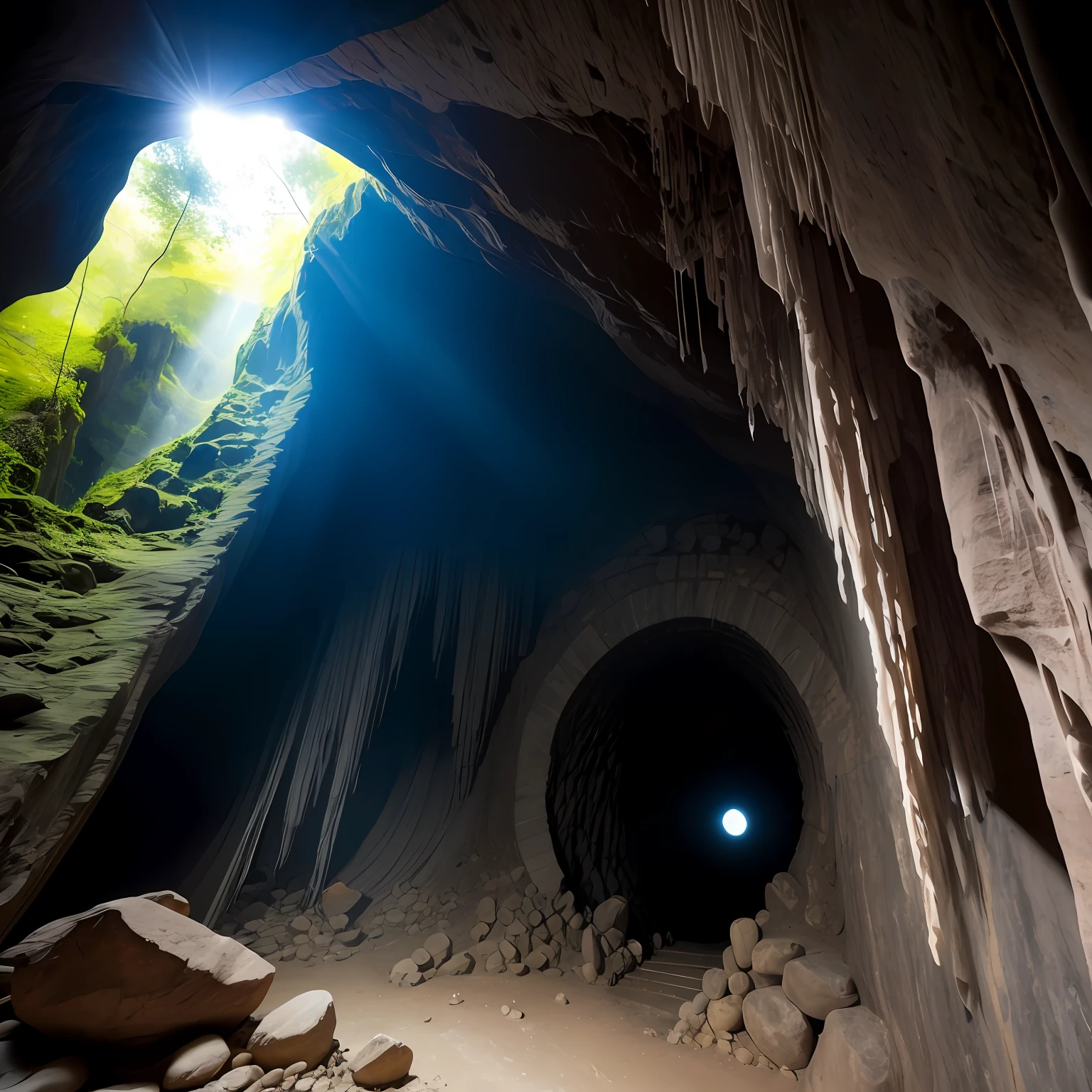 Son Doong Cave, Vietnam: A colossal underground chamber with giant stalactites and stalagmites creating sculptural forms. Dim light penetrates through openings in the ceiling, revealing an underground world of beauty and mystery.