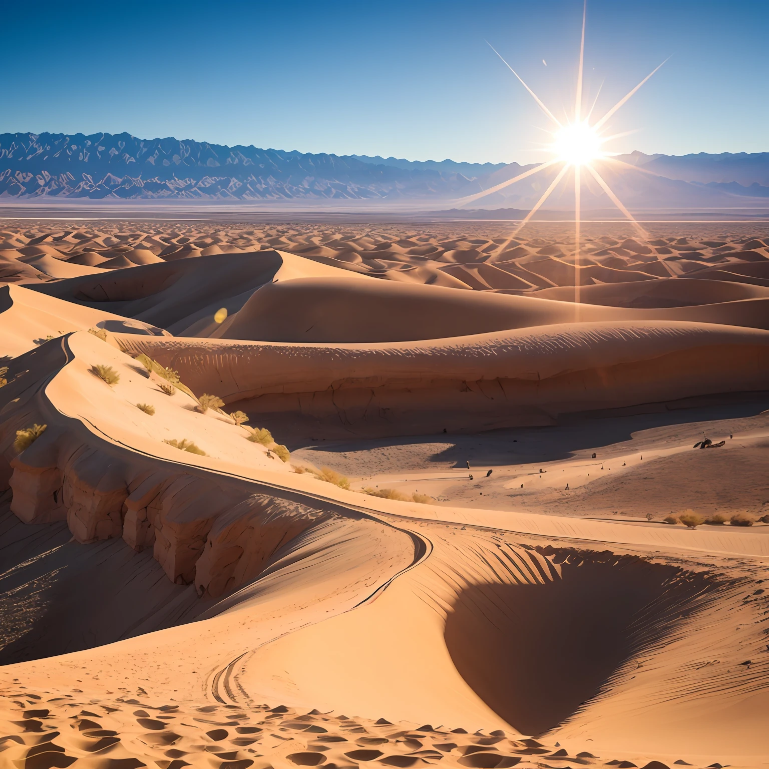 Death Valley National Park, United States: A relentless desert with rolling dunes and rugged mountains. The sunlight shines brightly, creating dramatic shadows as snakes crawl across the sand.