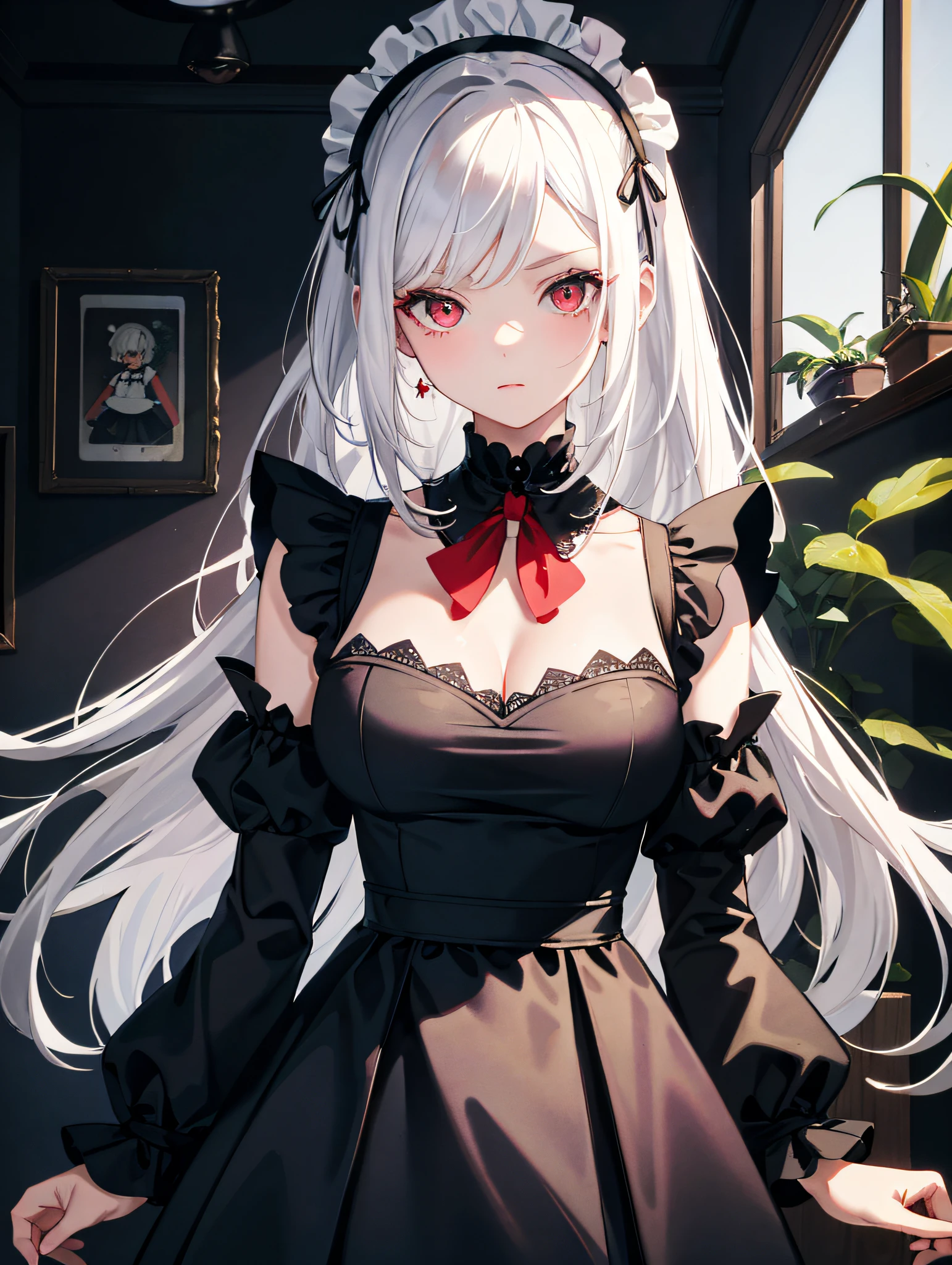 elf, girl, solo, full body, platinum blonde,twin tails, blue eyes, with a funny look, sit on bed, 
Maid dress in a long dress in solid black (long sleeves, puff sleeves, white cuffs, cuffs with one black button, white collar, skirt to heel), 
white long apron dress (apron with breastplate, length to hem of skirt, shoulder straps, white lace ruffles at shoulder straps, large ribbon knot at the back), 
Red Ascot Thai, 
head headband with white lace ruffles, 
white stockings,
white panniers (lace hem of panniers), 
black enamel shoes (high heels),
Mucha style background