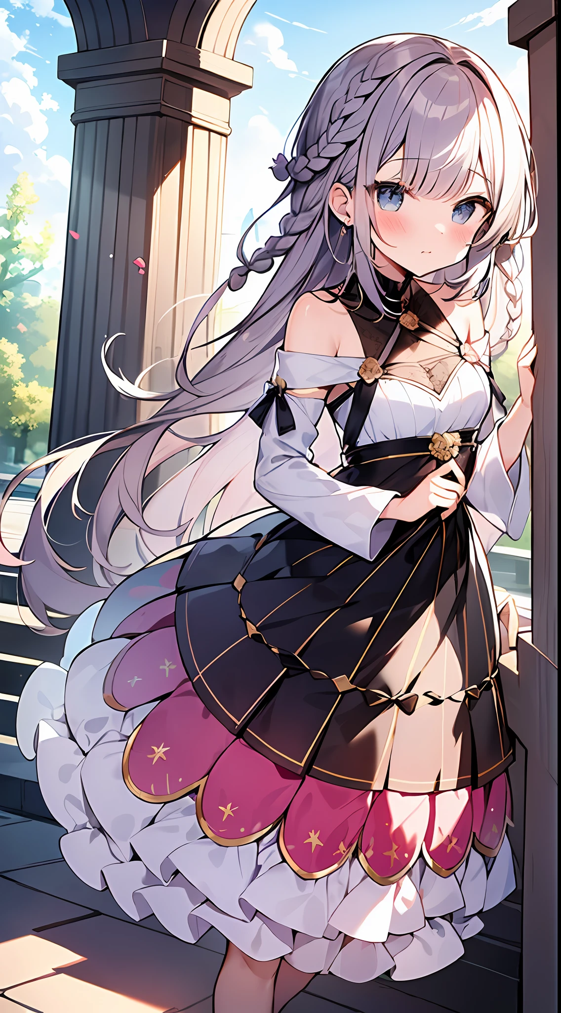 (incredibly absurdres absolutely resolution: 1.5), highest quality, masterpiece, ultra high resolution, 8k, (multiple girls), (gorgeous dresses with many gorgeous and colorful decorations) BREAK shoujo manga style, (loli), soft line drawing, digital enhancement, shojo manga touch, environmental change scenes, shojo manga core, ( Hair length to the shoulders))), (((short braid))), ancient capital of the West, full body visible angle, entangle, beautiful and aesthetic: 1.5, High quality: 1.3