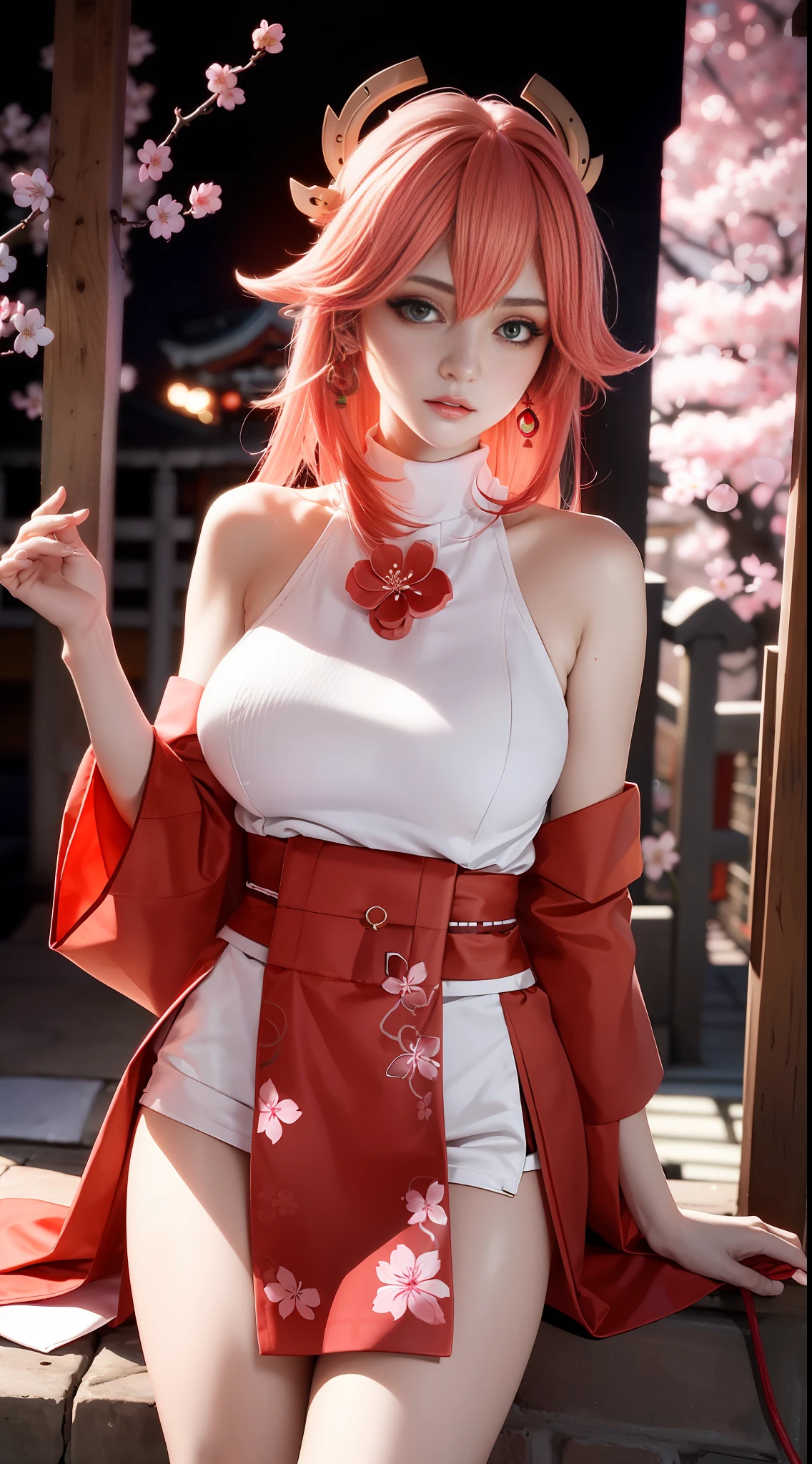 (Masterpiece, Superb Quality, 1Girl, Solo, Complex Details, Color Aberration), Realism, ((High Breath)), Bare Shoulders, Big Breasts, Sexy, Yae Miko, Long Pink Hair, Red Headdress, Red Highlight, Hair Above One Eye, Green Eyes, Earrings, Delicate Standard Facial Features, Seductive Eyes, Perfect Figure, Choker, Neon Shirt, Open Jacket, Turtleneck Sweater, Against a Wall, Brick Wall, Graffiti, Dim Lighting, Alley, Looking at the Audience, ((Seductive, Glamorous)), (((cherry blossom background)))),((Japanese temple background))), (((luminous background))))