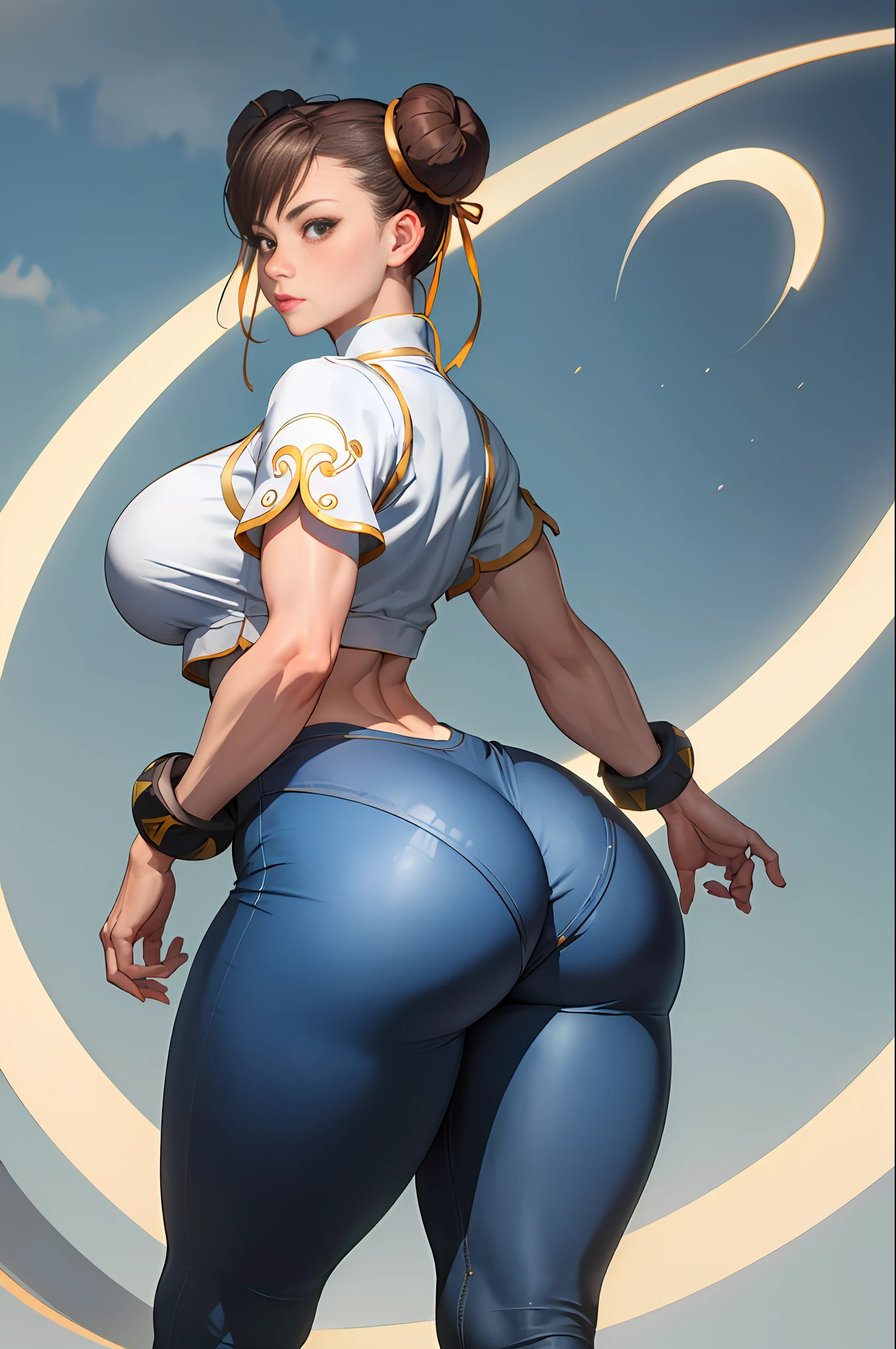 (Best Quality, 8k, 32k,1 Girl, Gigantic Breasts, Thick Thighs, Super Wide Hips, Huge Ass, Perfect Body, Ultra Detailed Face, Brown Hair, Blue Legging Pants, Chun Li, Stuck Hair, Two Buns in Hair.