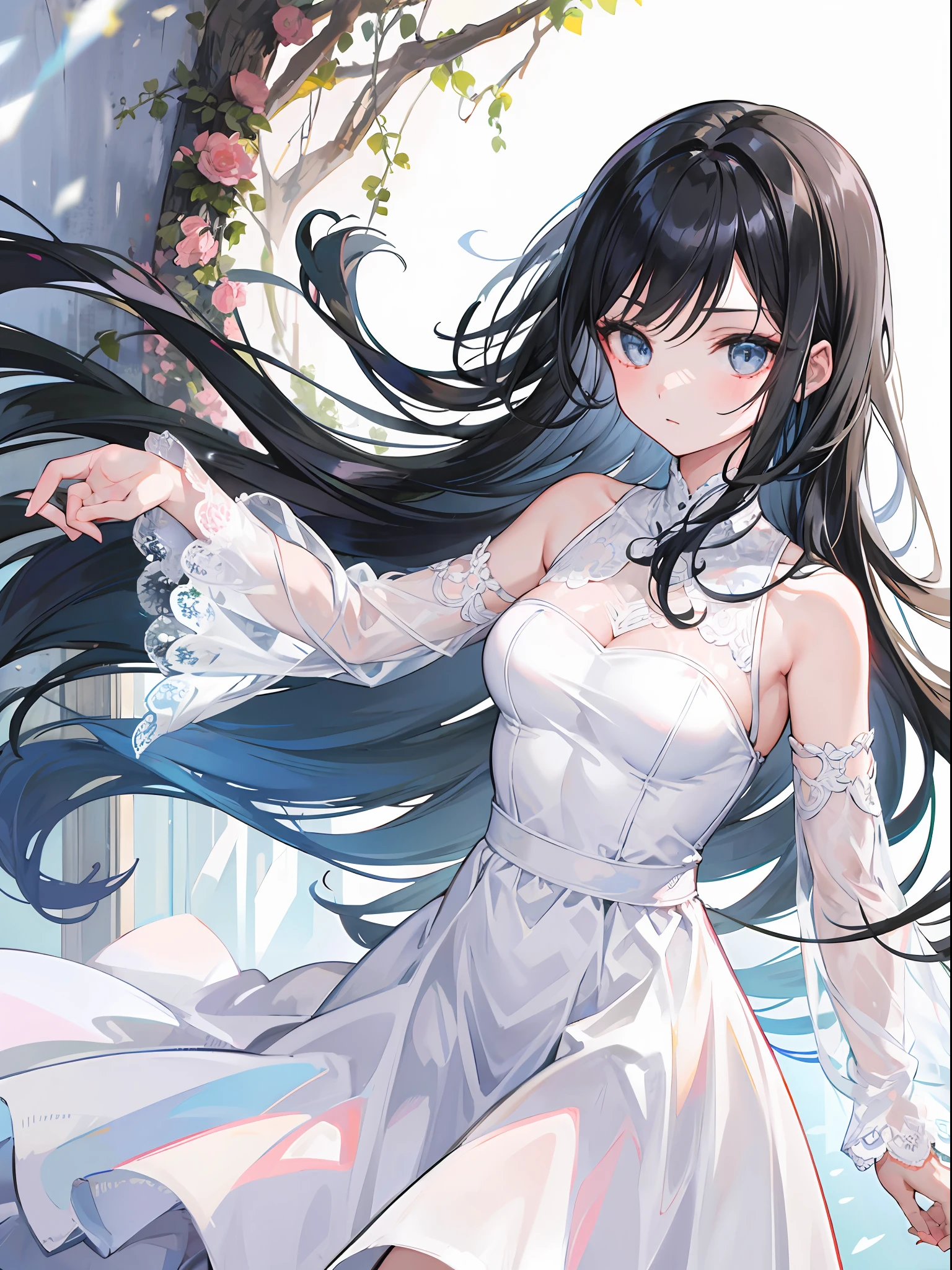 (Girl, long black hair, white dress)