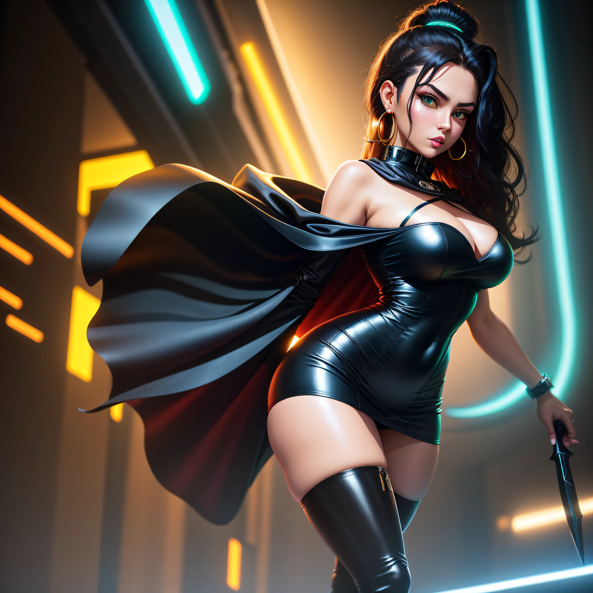 (dreamlikeart style:1.0), (analog style:1.0), (studio_ghibli_anime_style style:0.9), masterpiece, beatifull face, (Cherrmous style:1.2), Chole Swanson, woman, green eyes, hoop earrings, bracelet, detailed, black high ponytail hair styled in loose waves, dark skin, skin texture, full lips, huge lips, collar, centered, tanned skin, 8k, highly, black long tight dress, tight skirt, pleated skirt, wide hips, eyelashes, eyeshadow, bubblebutt, deep cleavage, breast enlargement, jet black platform boots, high heels, long legs, cyberpunk, neon lights, black tighhigh stockings, black fishnets, no underwear, no panties, belly button, looking at viewer, photo-realistic, glowing colors, glowing skin, black cape hood, holding a dagger in one hand,