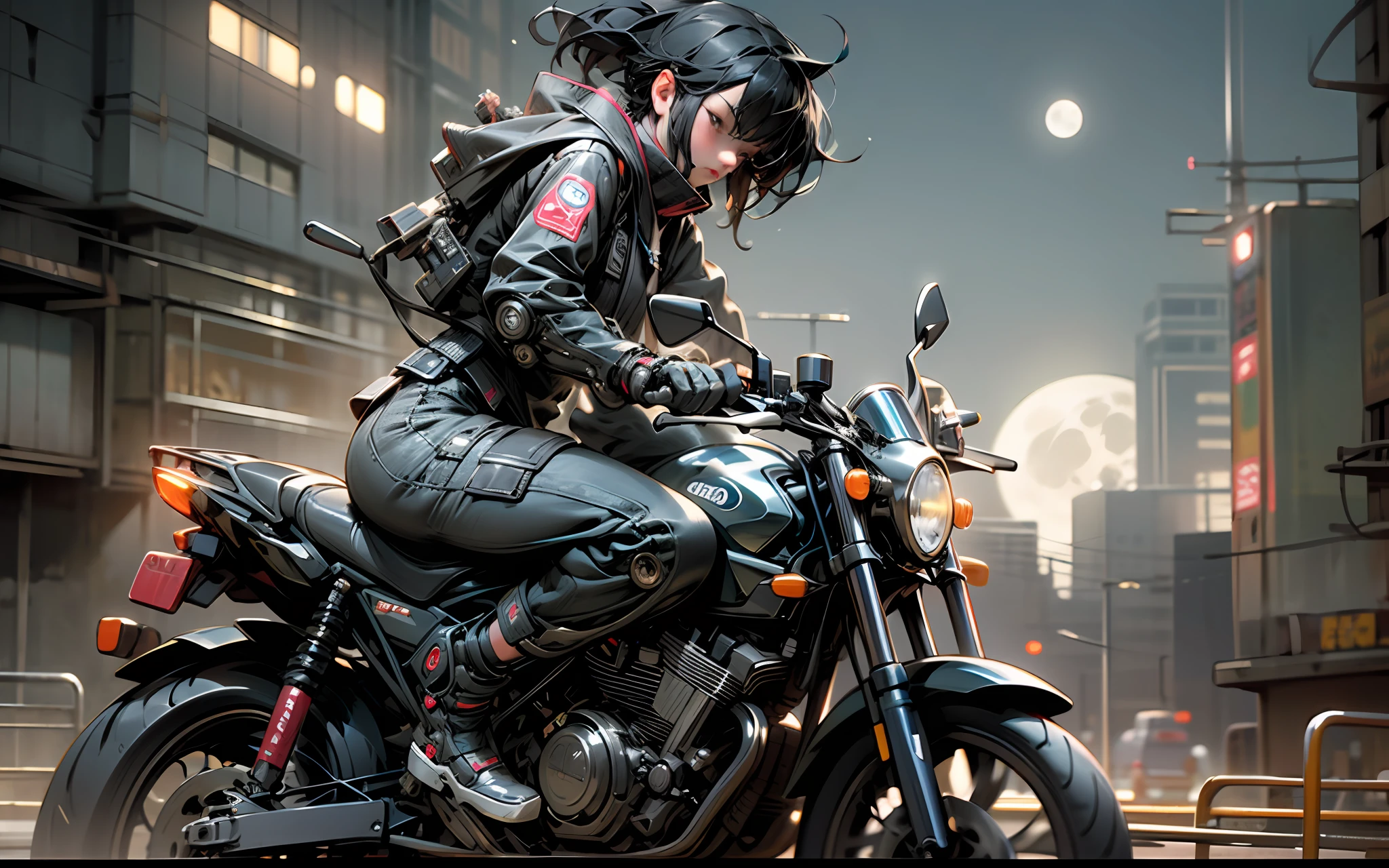 best quality, masterpiece, photo, 4K, photorealistic, highly detailed,
1girl riding motobike, techwear, cyberpunk city, solo, futuristic, huge moon in the background, black and white, by Akira Toriyama, closeup,